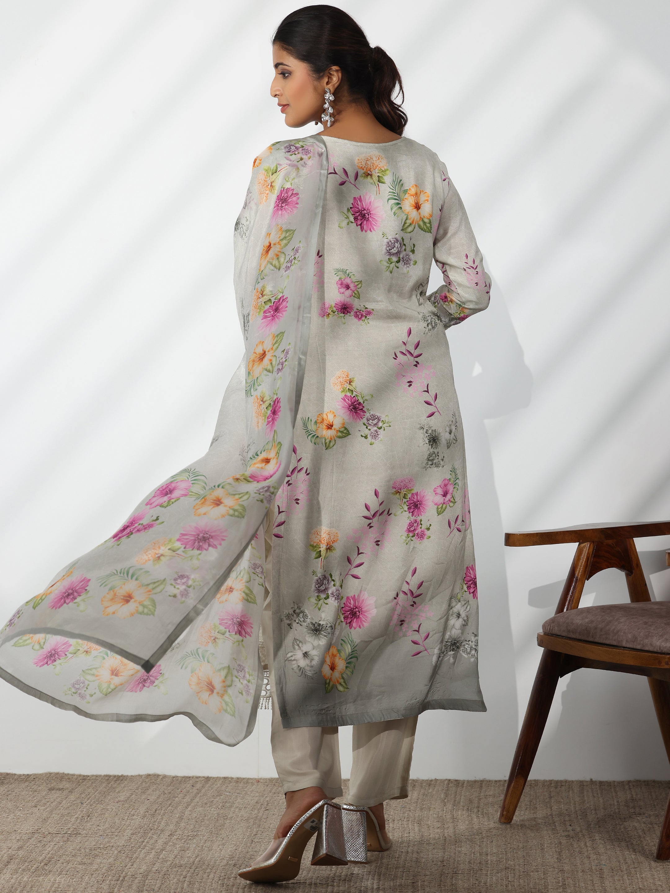 Grey Printed Silk Blend Straight Suit With Dupatta