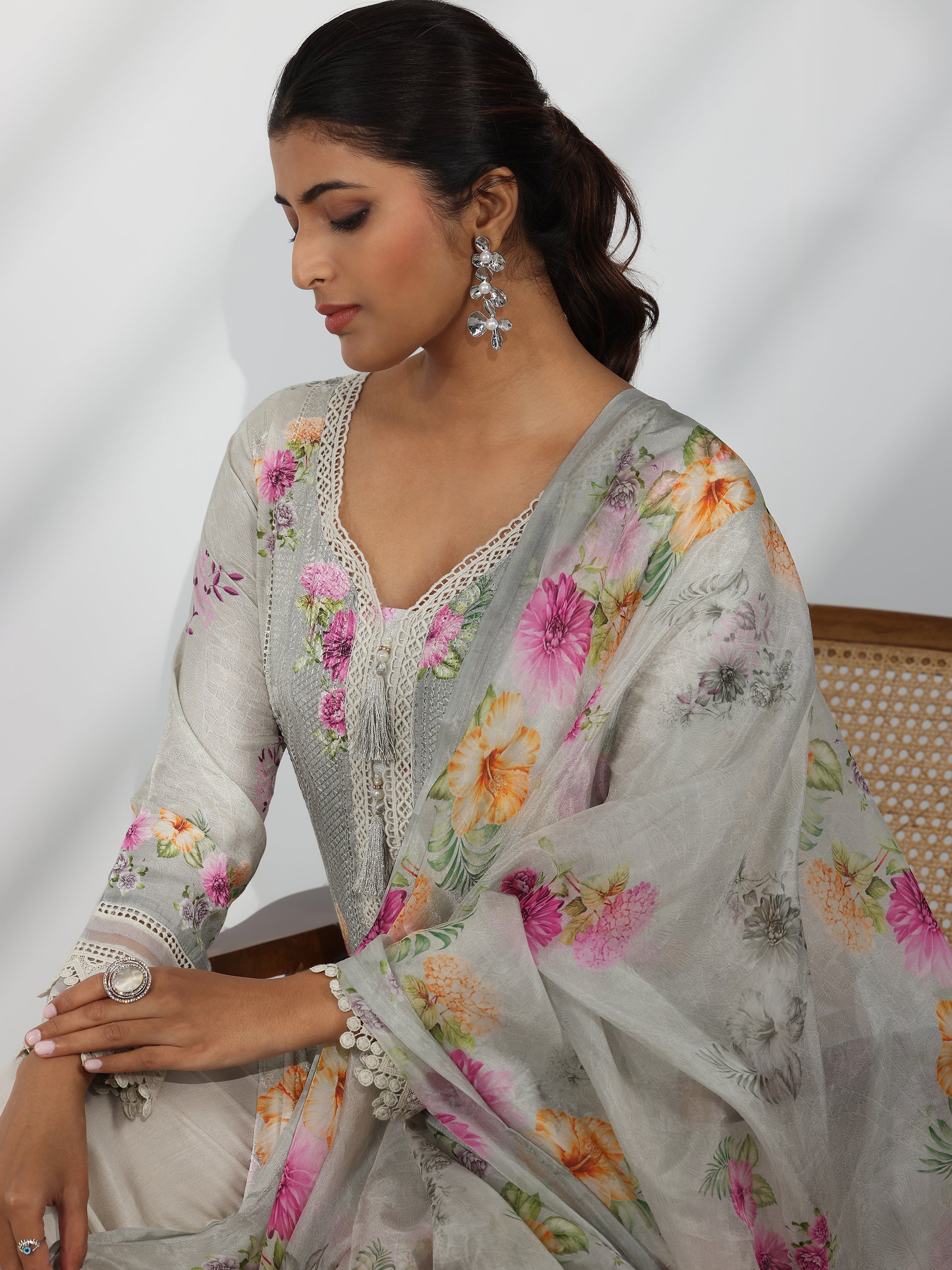 Grey Printed Silk Blend Straight Suit With Dupatta