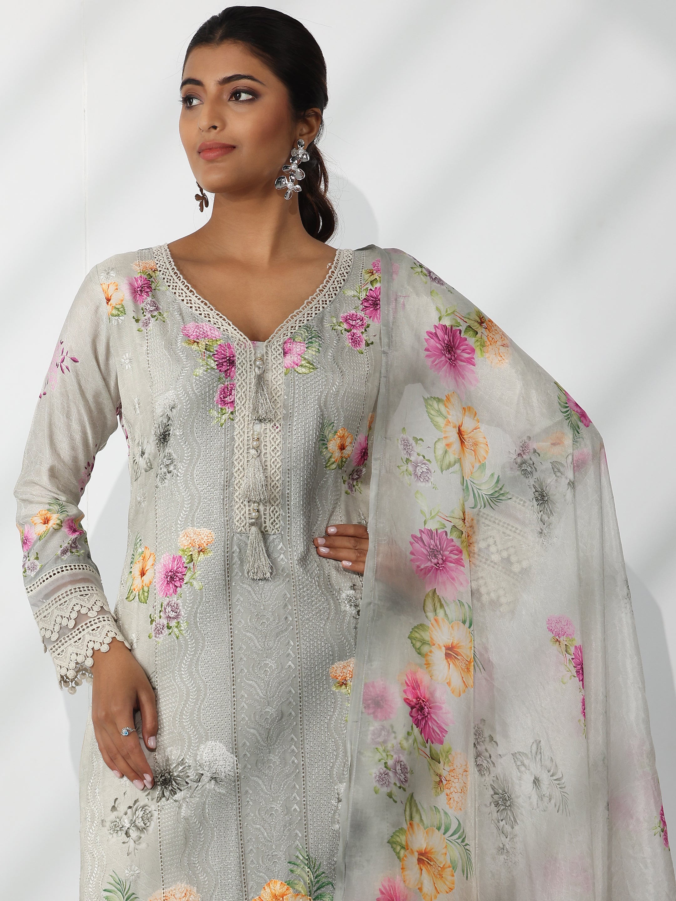 Grey Printed Silk Blend Straight Suit With Dupatta