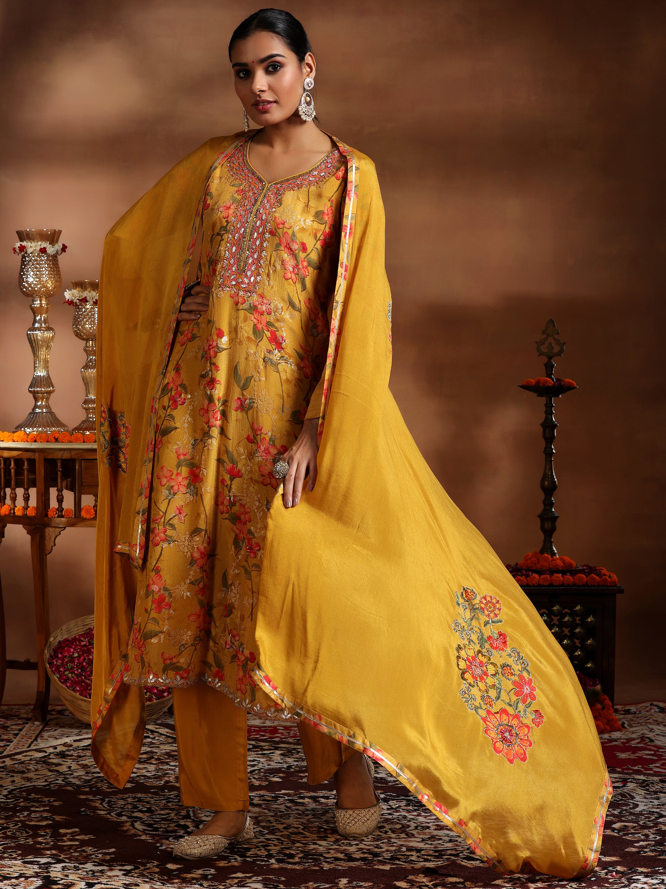 Mustard Printed Silk Chiffon Straight Suit With Dupatta