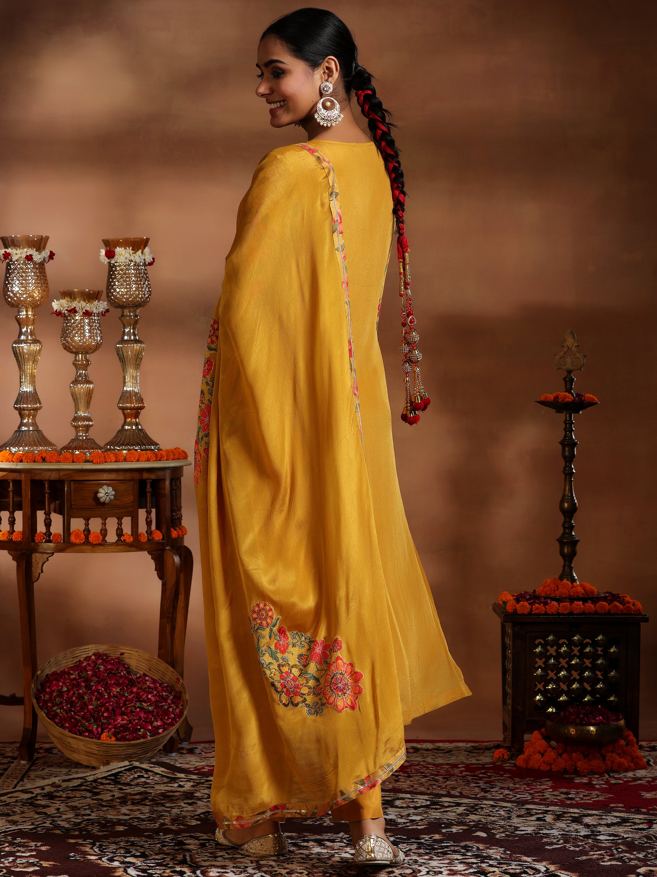 Mustard Printed Silk Chiffon Straight Suit With Dupatta