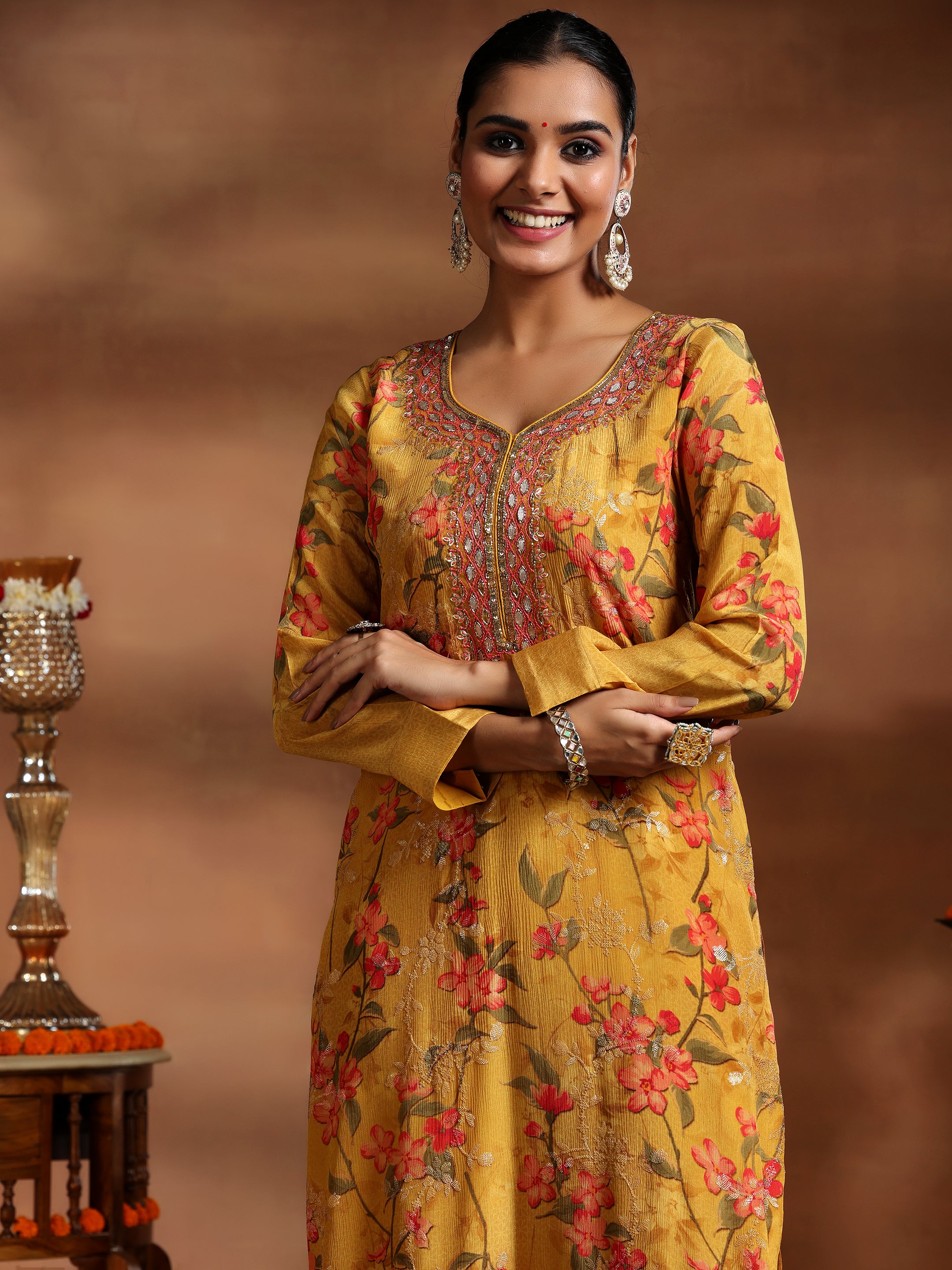 Mustard Printed Silk Chiffon Straight Suit With Dupatta