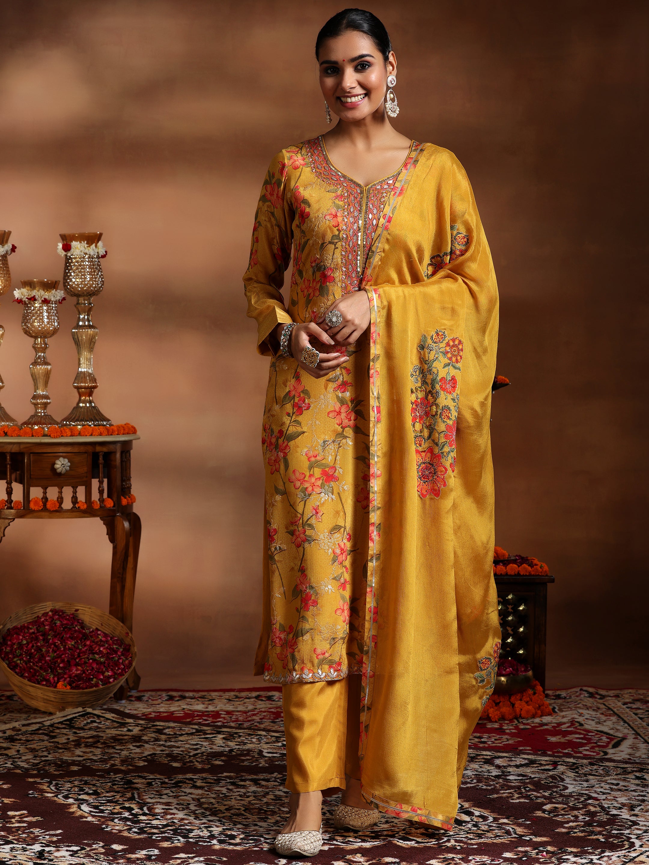 Mustard Printed Silk Chiffon Straight Suit With Dupatta