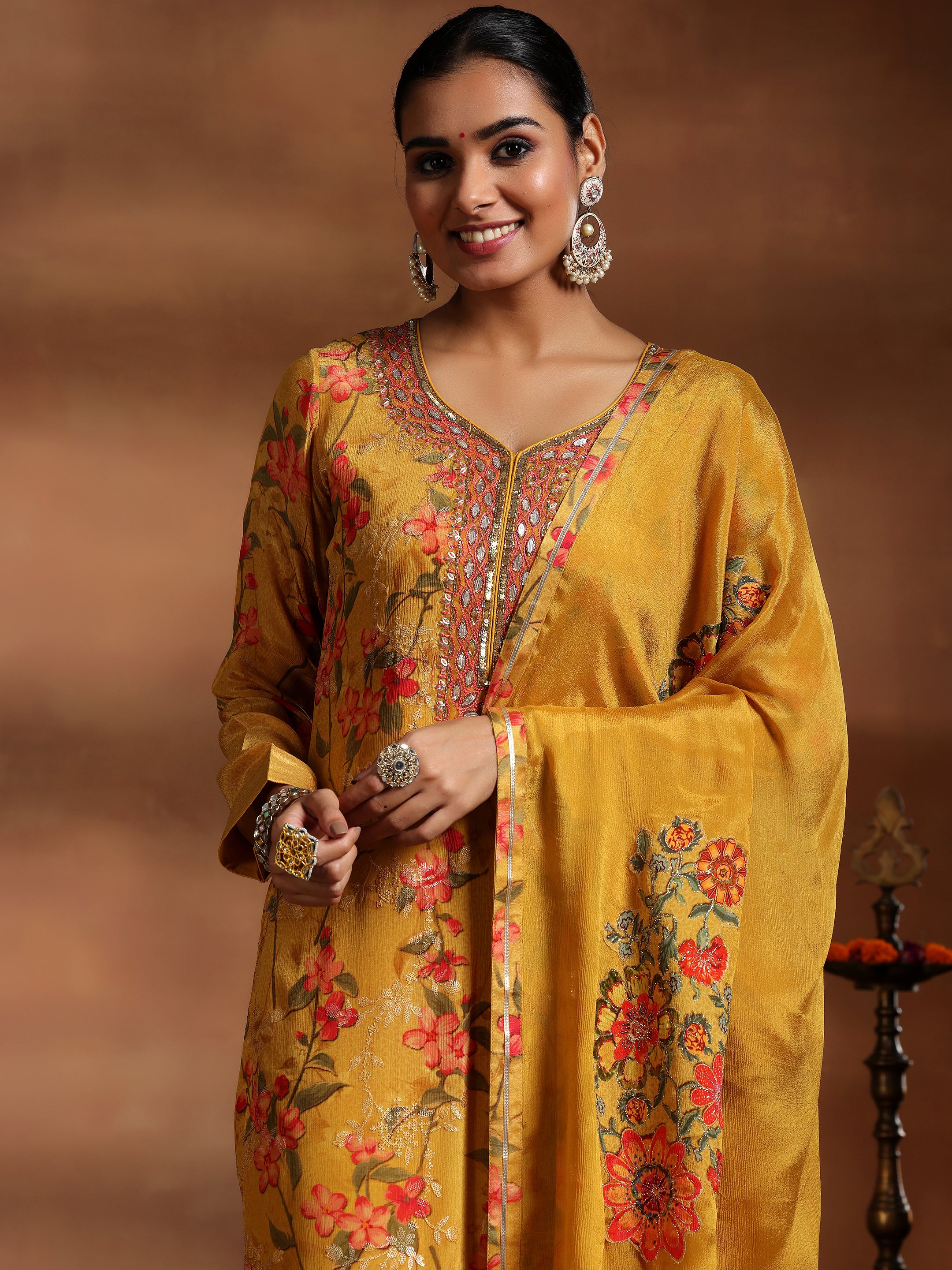 Mustard Printed Silk Chiffon Straight Suit With Dupatta