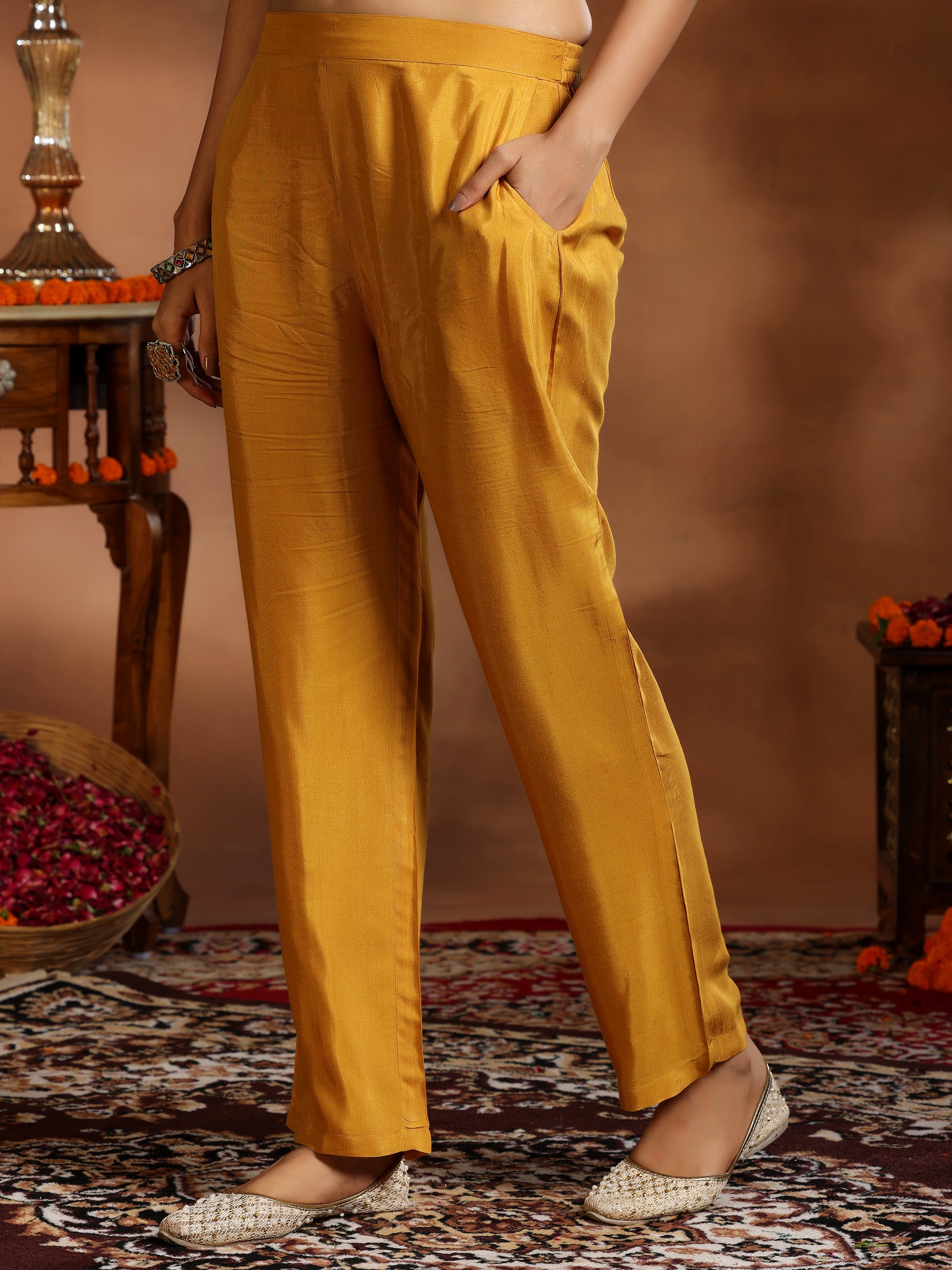 Mustard Printed Silk Chiffon Straight Suit With Dupatta