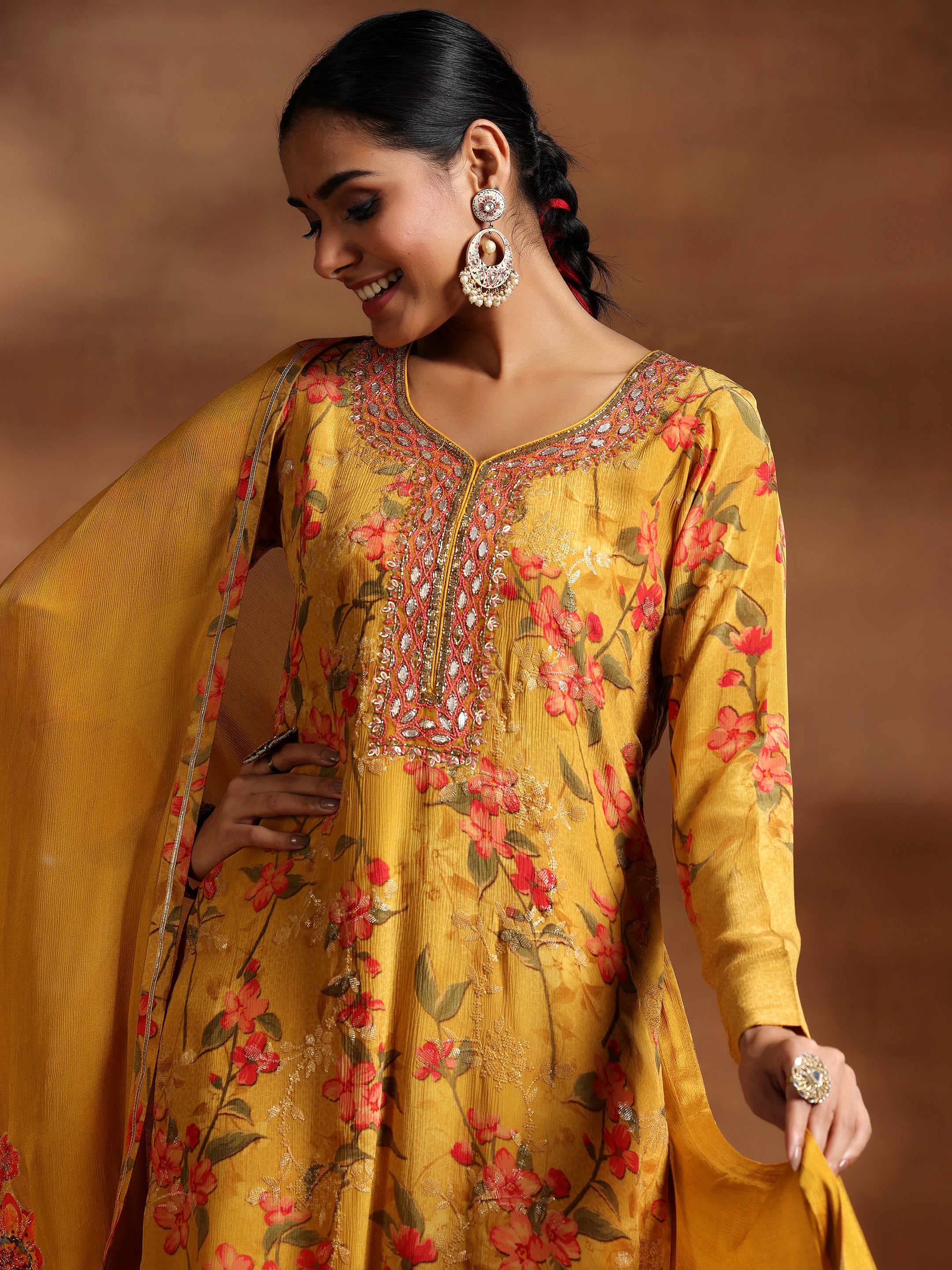 Mustard Printed Silk Chiffon Straight Suit With Dupatta