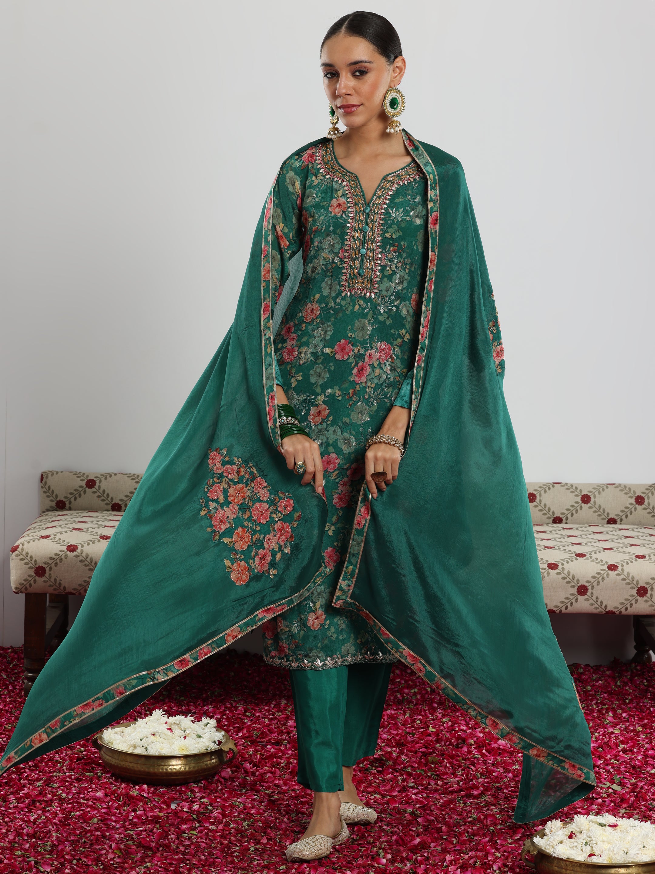 Green Printed Silk Chiffon Straight Suit With Dupatta