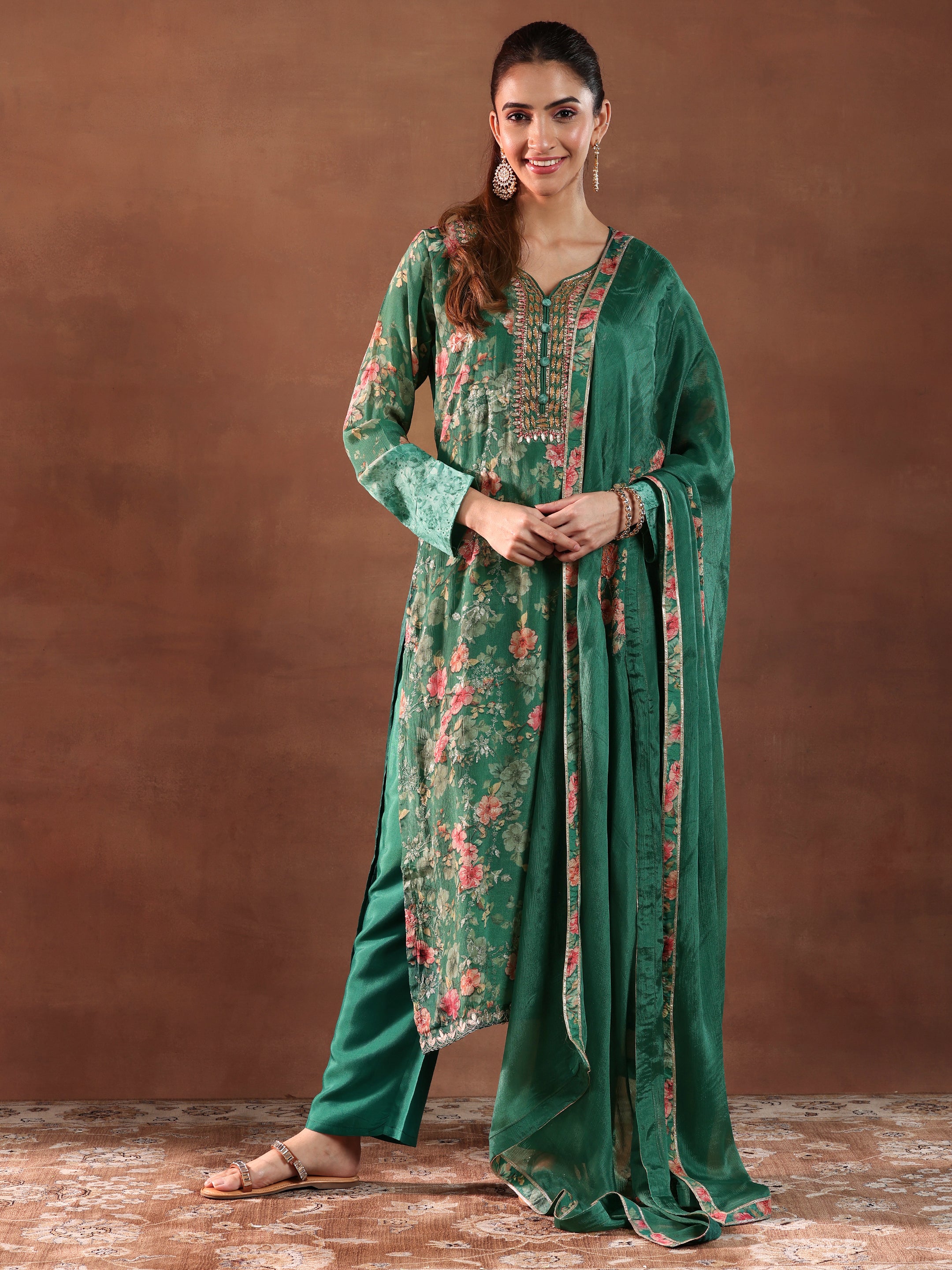 Green Printed Silk Chiffon Straight Suit With Dupatta