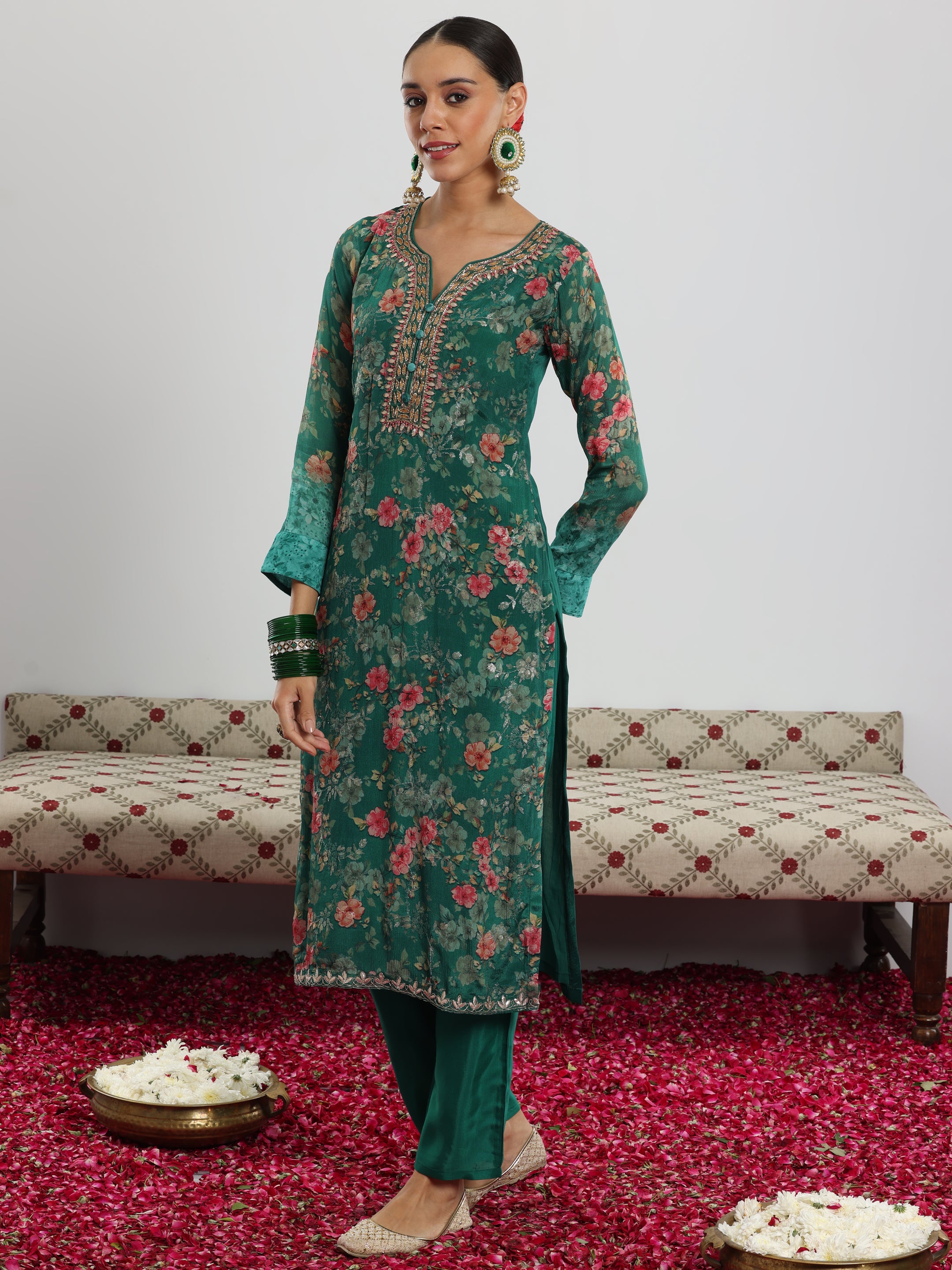 Green Printed Silk Chiffon Straight Suit With Dupatta