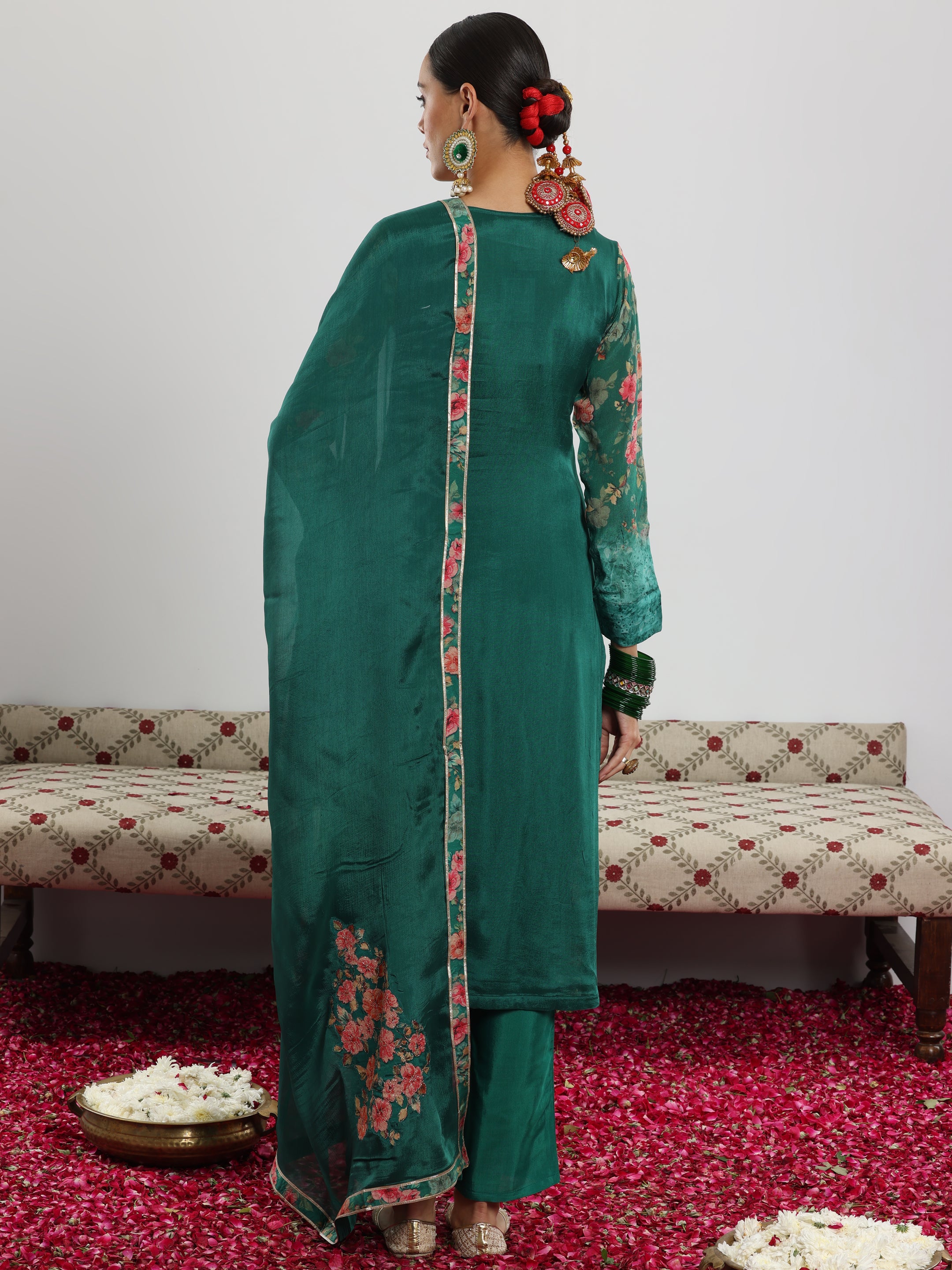 Green Printed Silk Chiffon Straight Suit With Dupatta