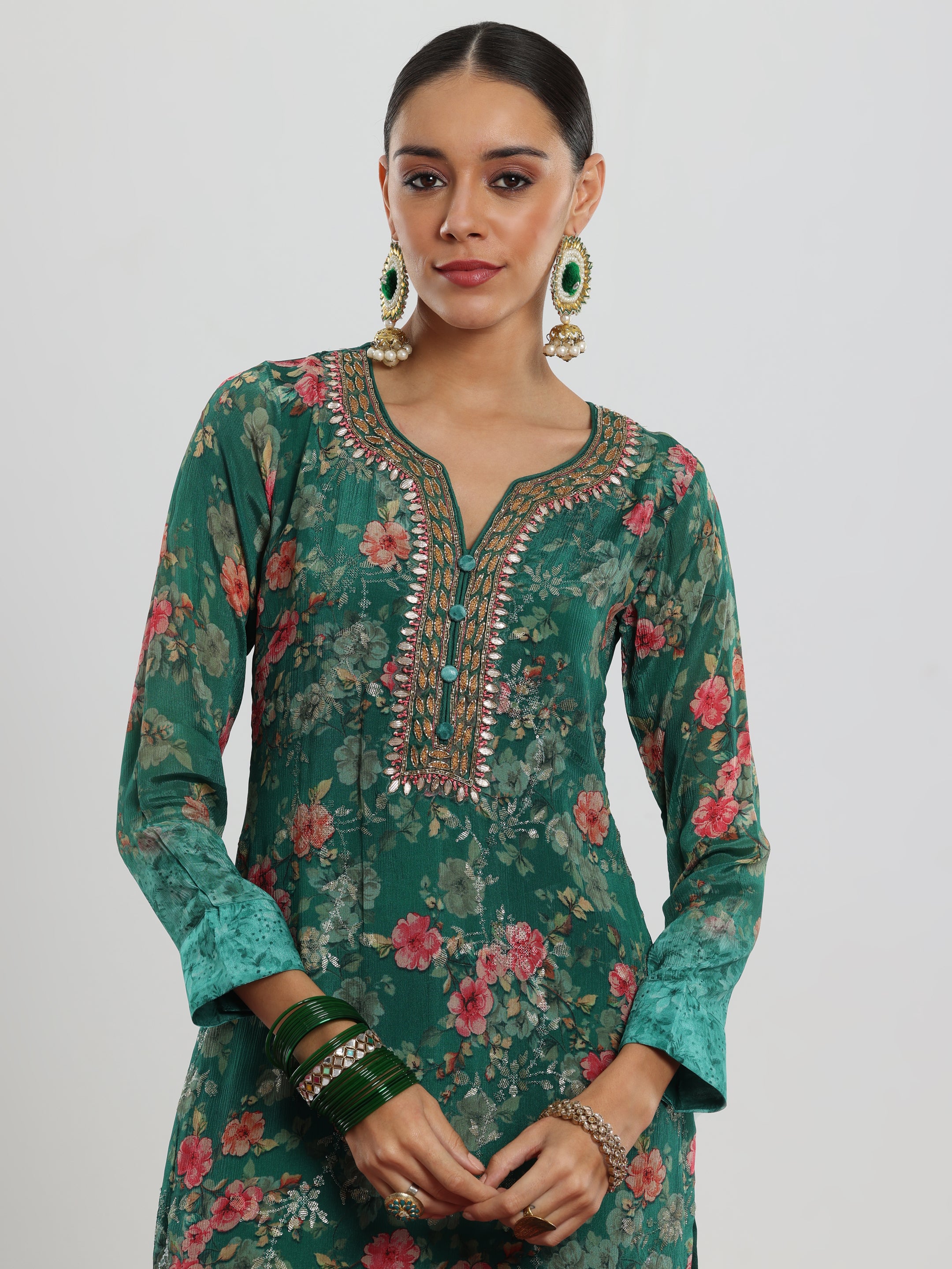 Green Printed Silk Chiffon Straight Suit With Dupatta