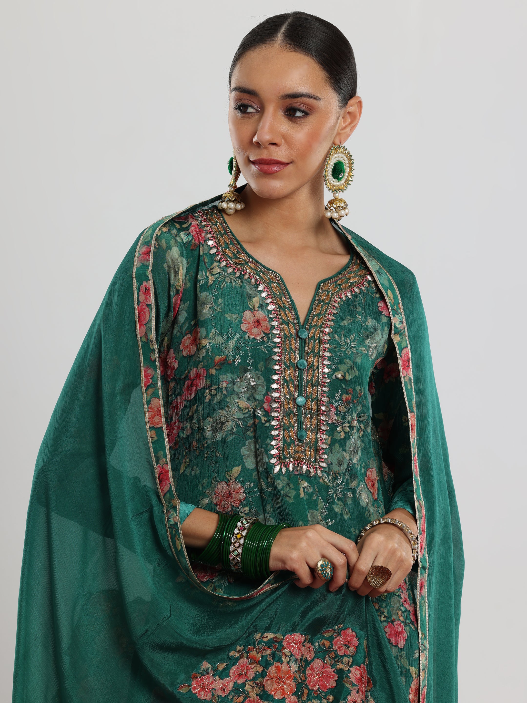 Green Printed Silk Chiffon Straight Suit With Dupatta