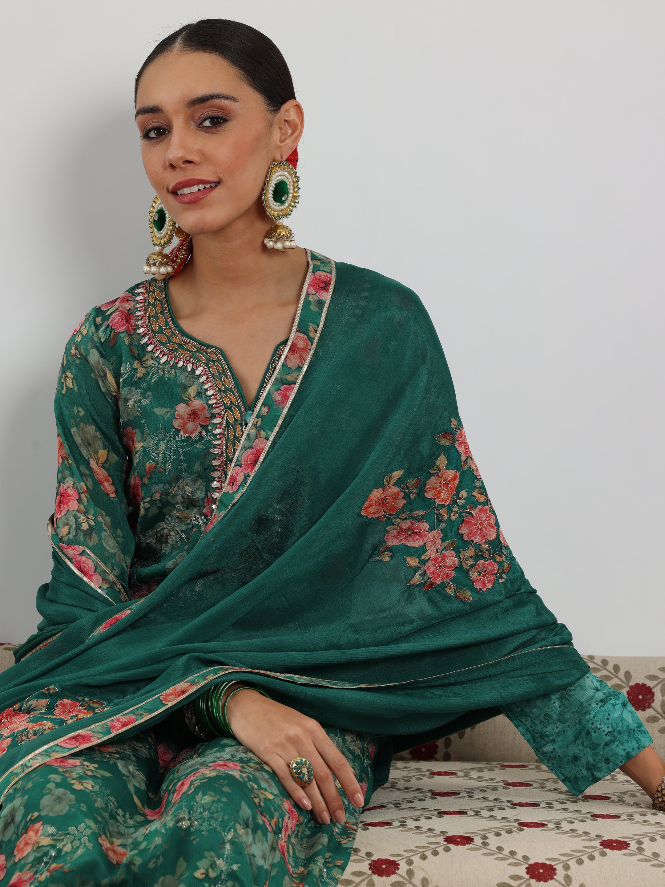 Green Printed Silk Chiffon Straight Suit With Dupatta