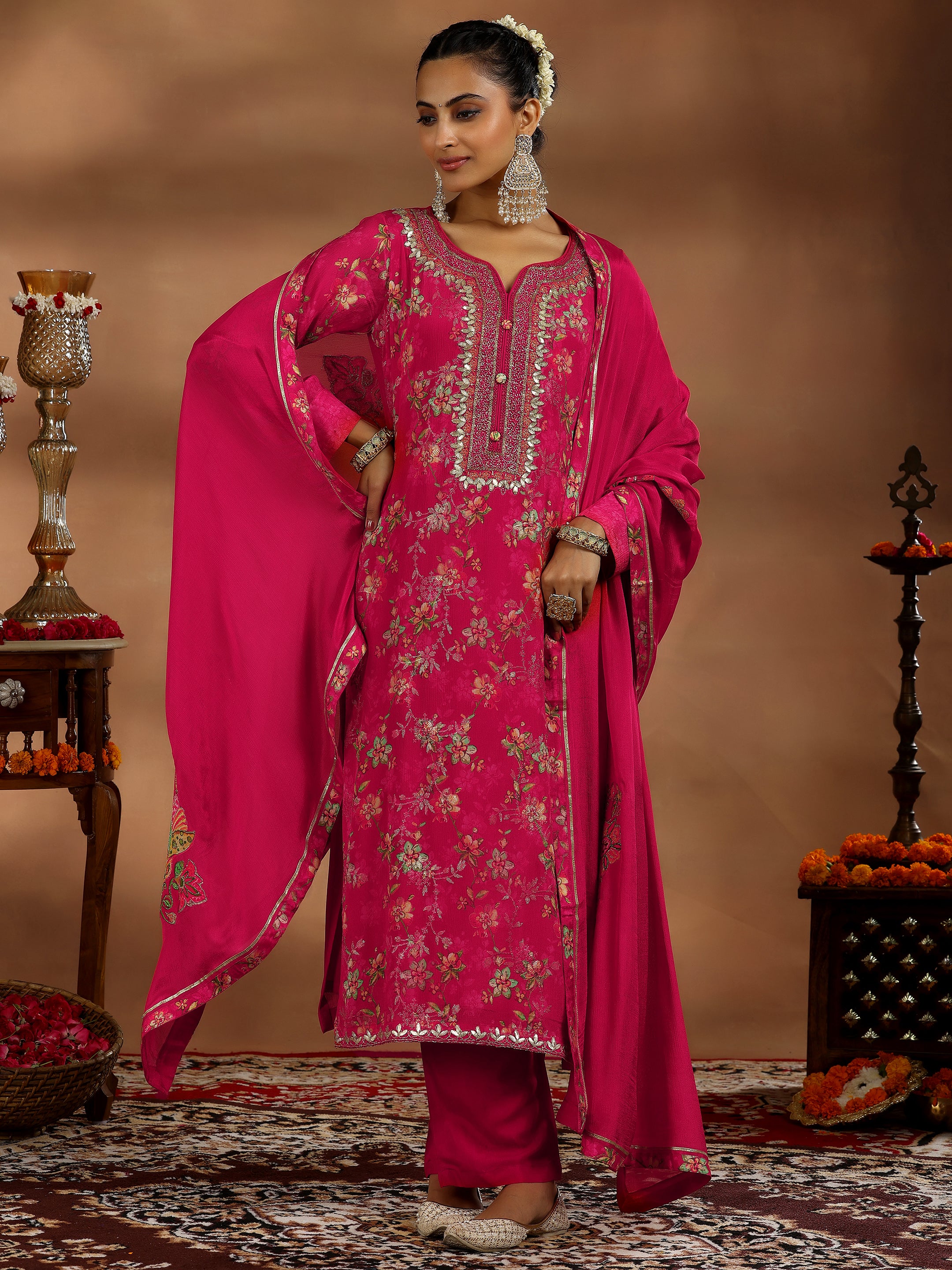 Coral Printed Silk Chiffon Straight Suit With Dupatta