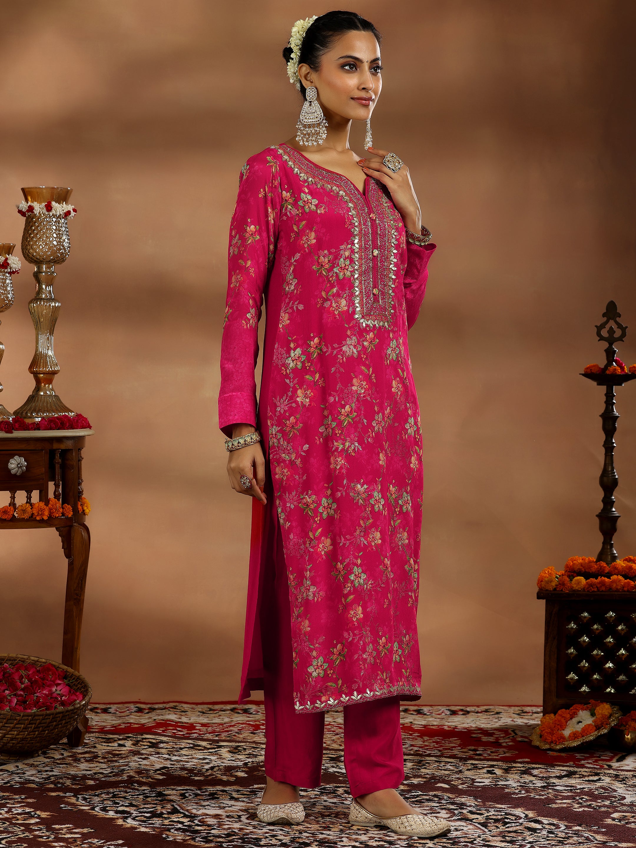 Coral Printed Silk Chiffon Straight Suit With Dupatta