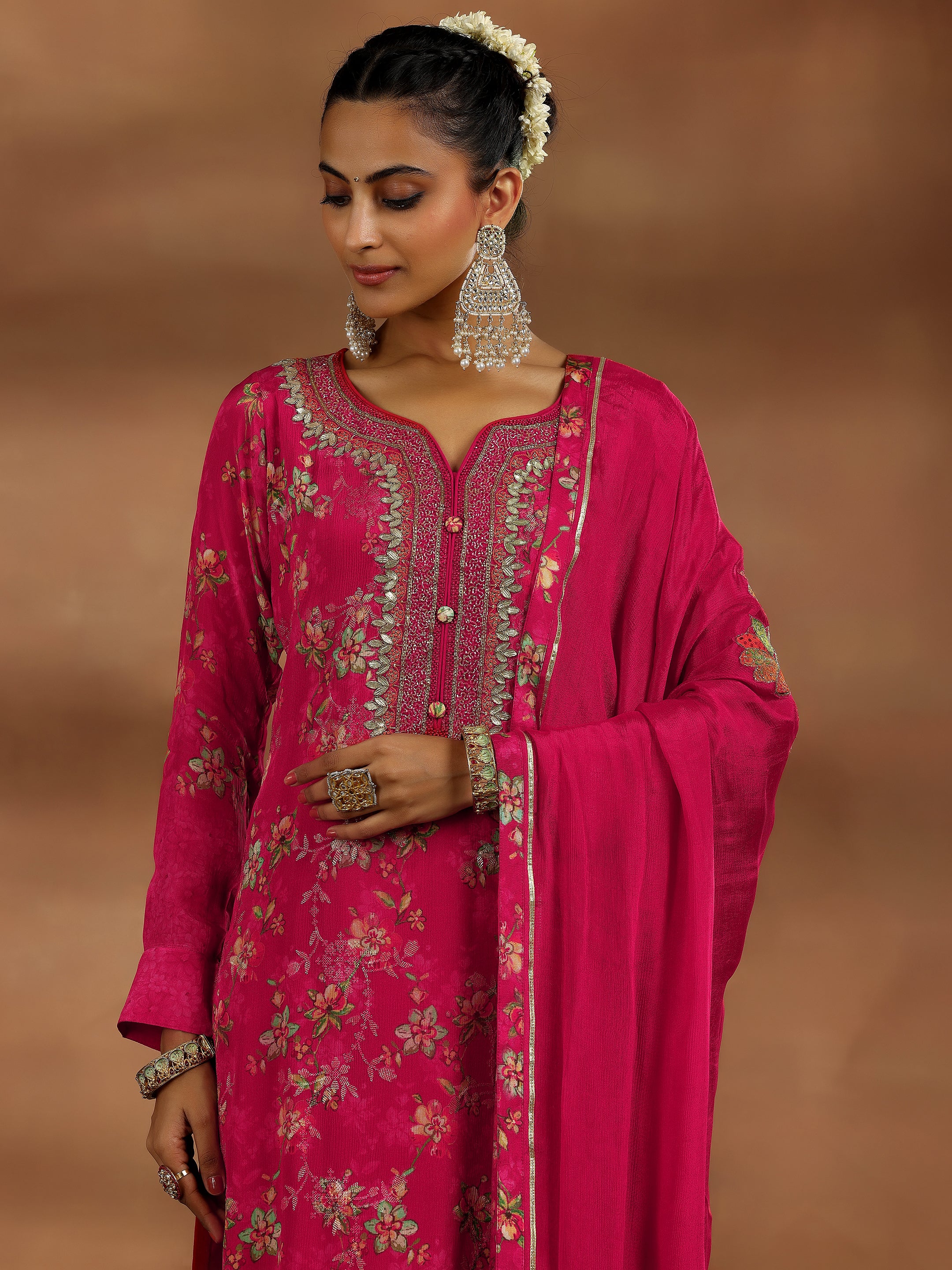 Coral Printed Silk Chiffon Straight Suit With Dupatta