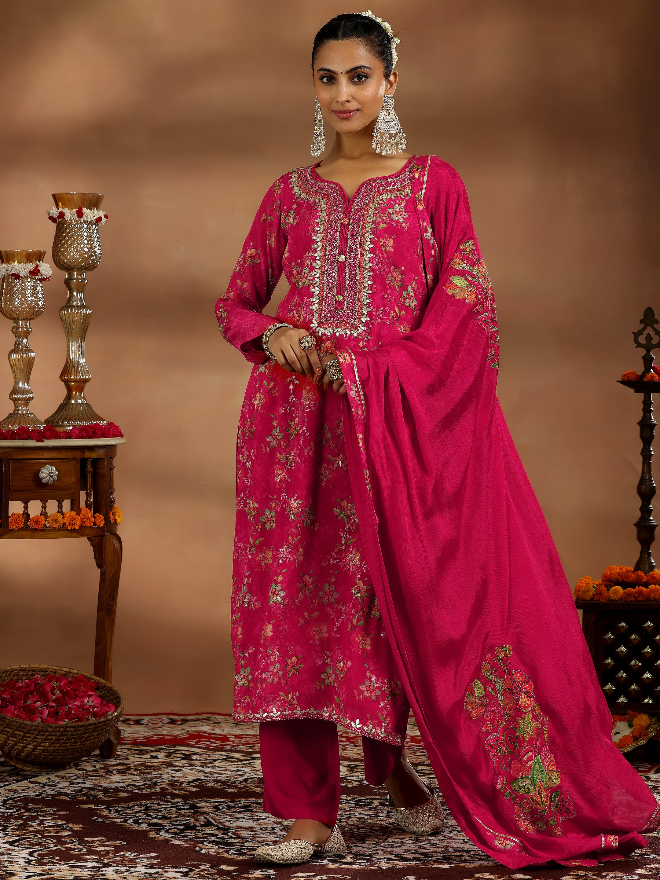 Coral Printed Silk Chiffon Straight Suit With Dupatta