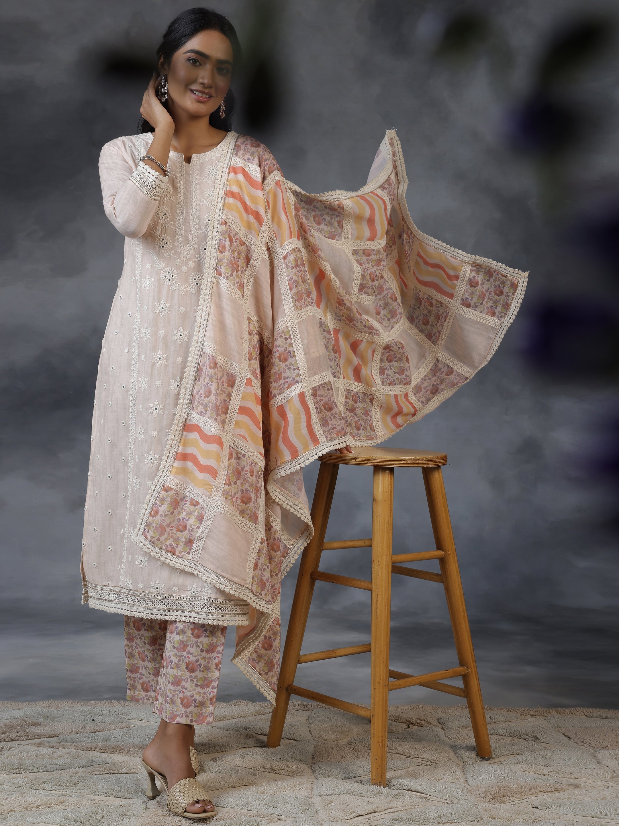 Peach Printed Cotton Straight Suit With Dupatta