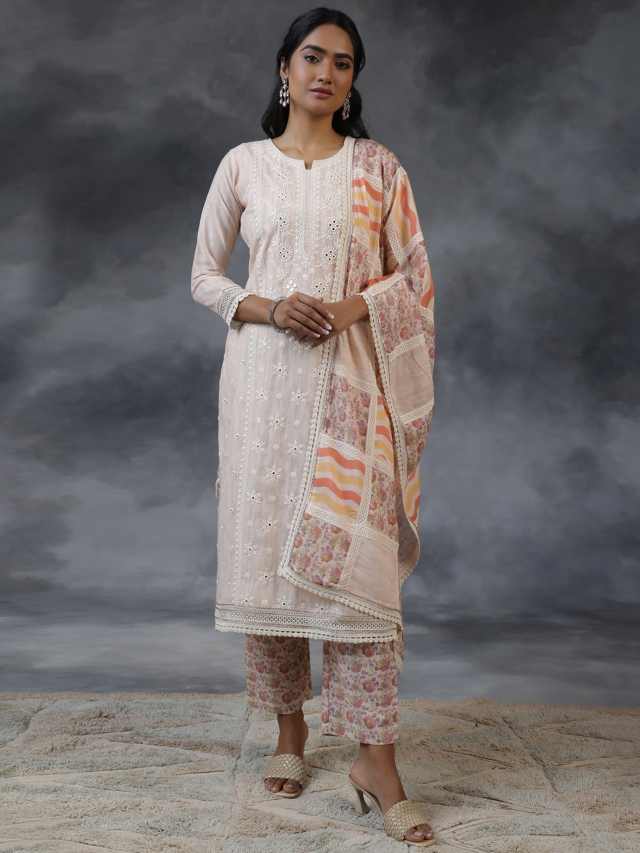 Peach Printed Cotton Straight Suit With Dupatta