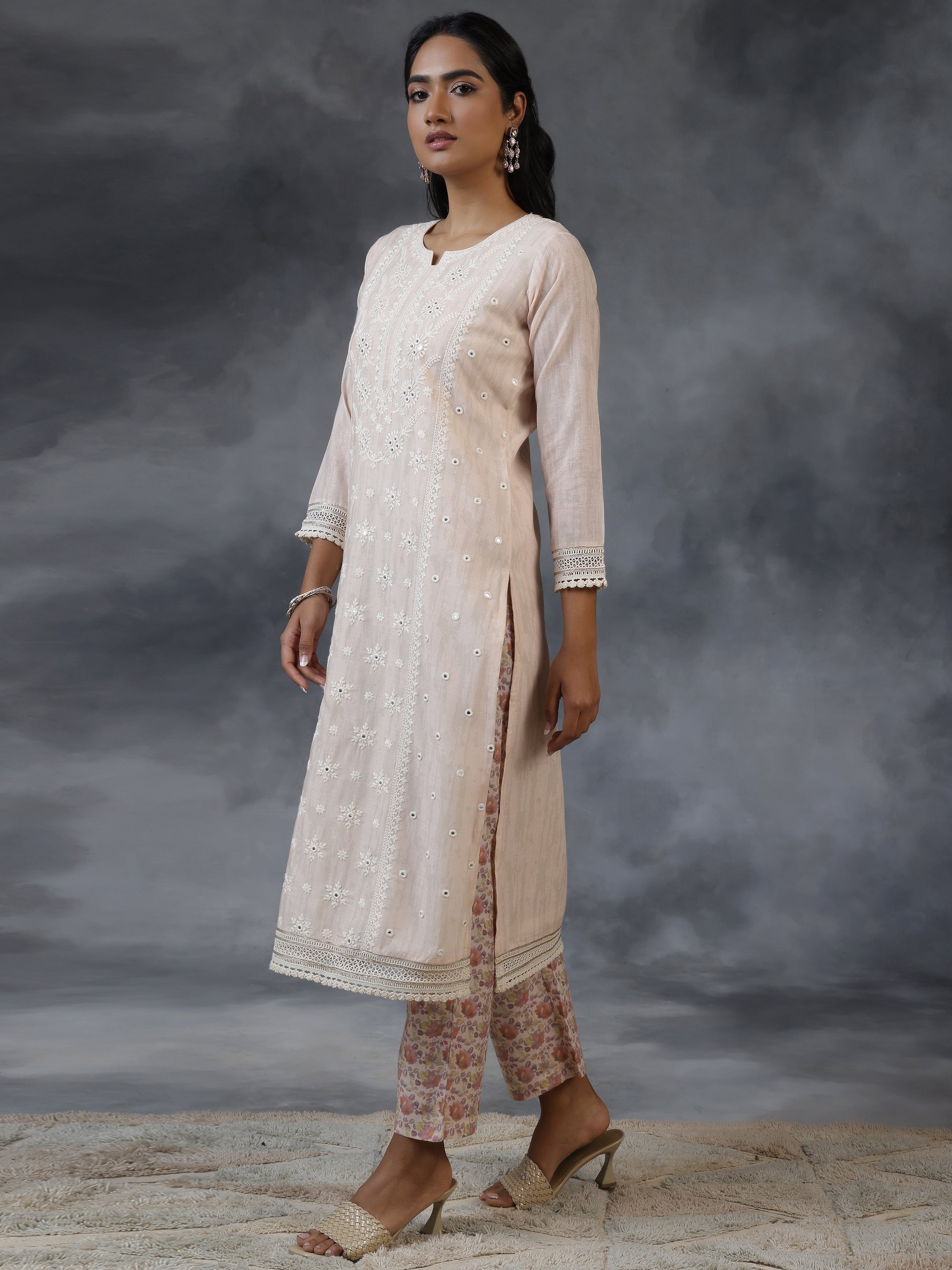 Peach Printed Cotton Straight Suit With Dupatta