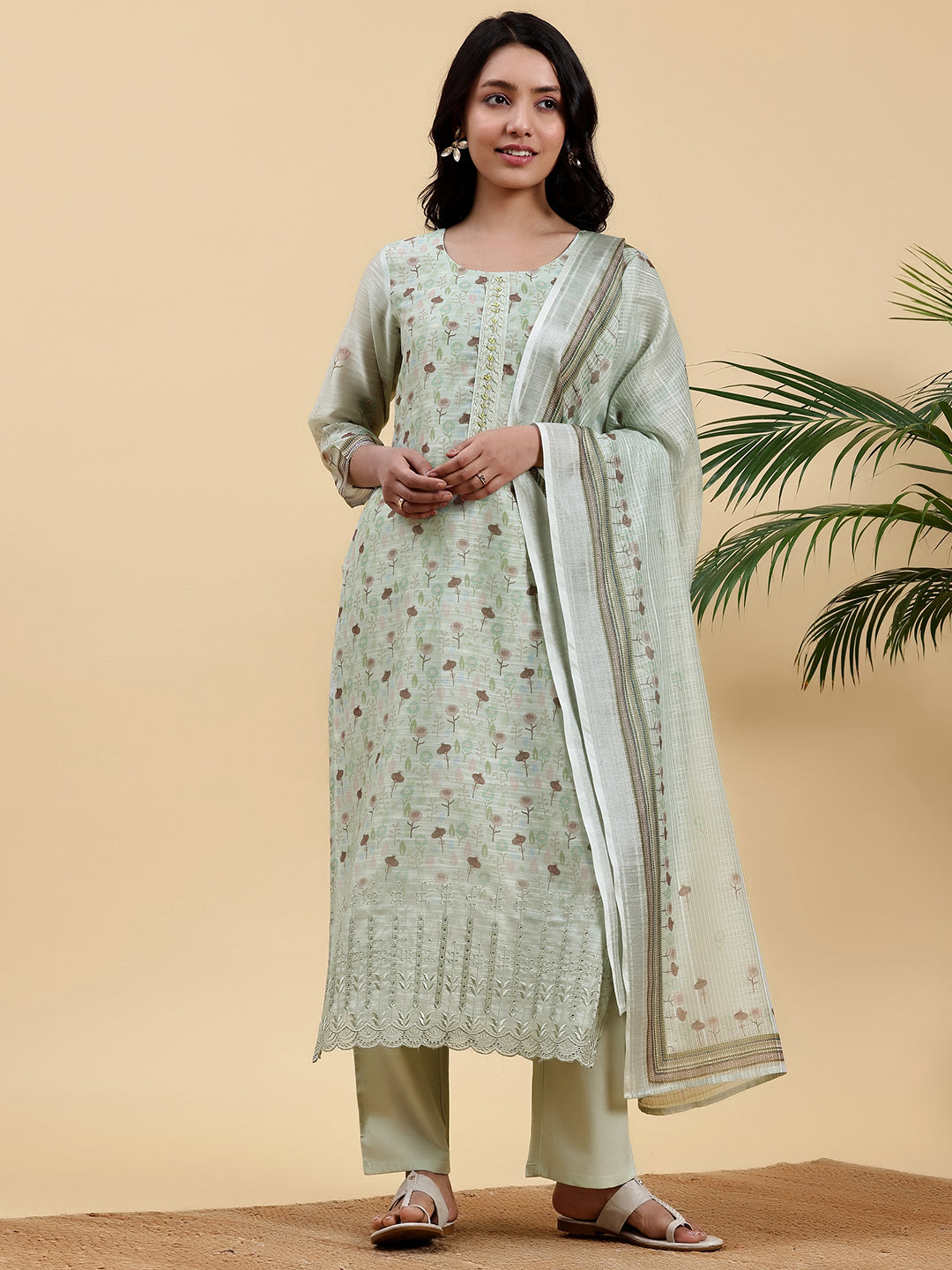 Green Printed Chanderi Silk Straight Suit With Dupatta