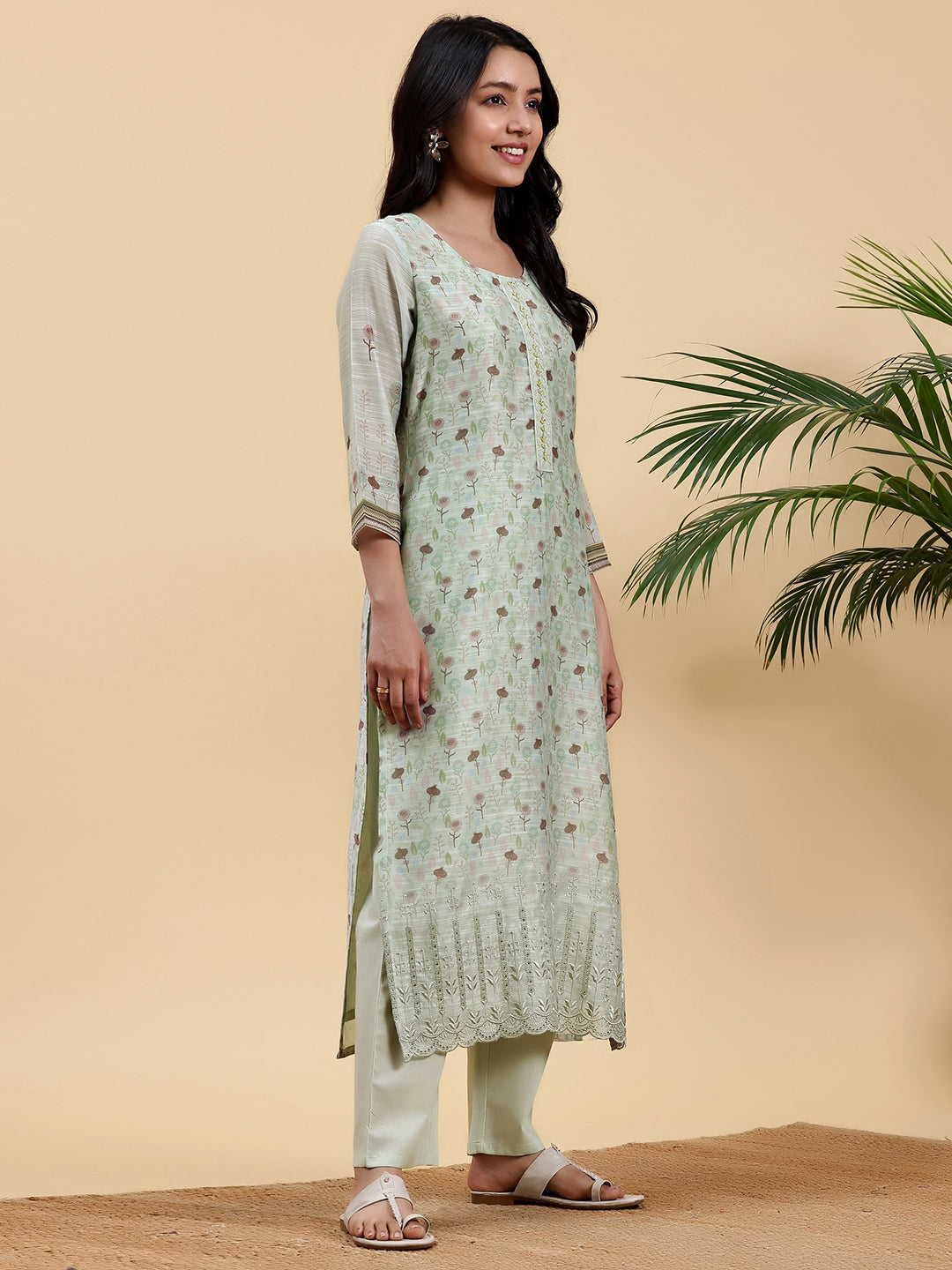 Green Printed Chanderi Silk Straight Suit With Dupatta