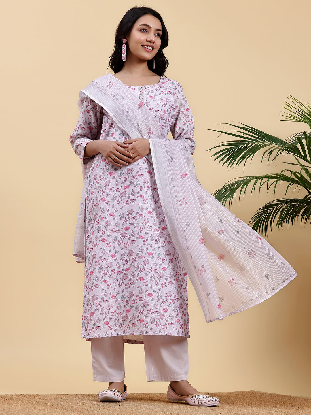 Lilac Printed Cotton Straight Suit With Dupatta