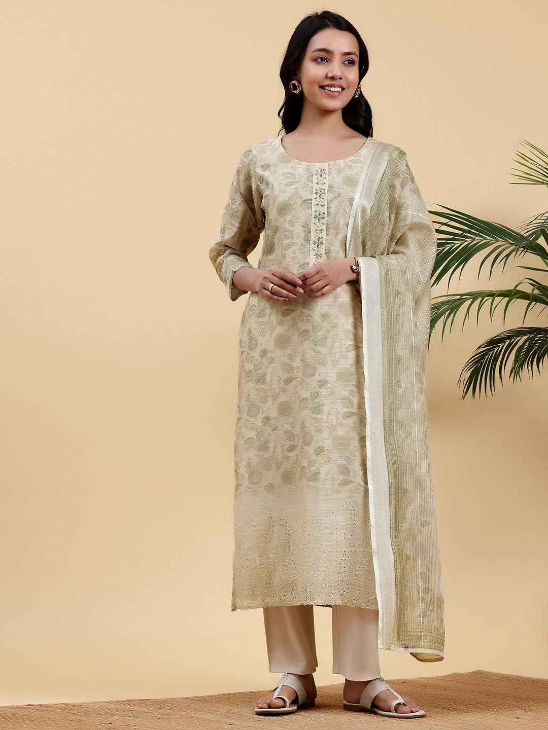 Beige Printed Chanderi Silk Straight Suit With Dupatta