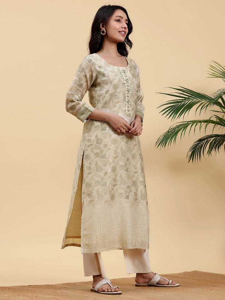 Beige Printed Chanderi Silk Straight Suit With Dupatta