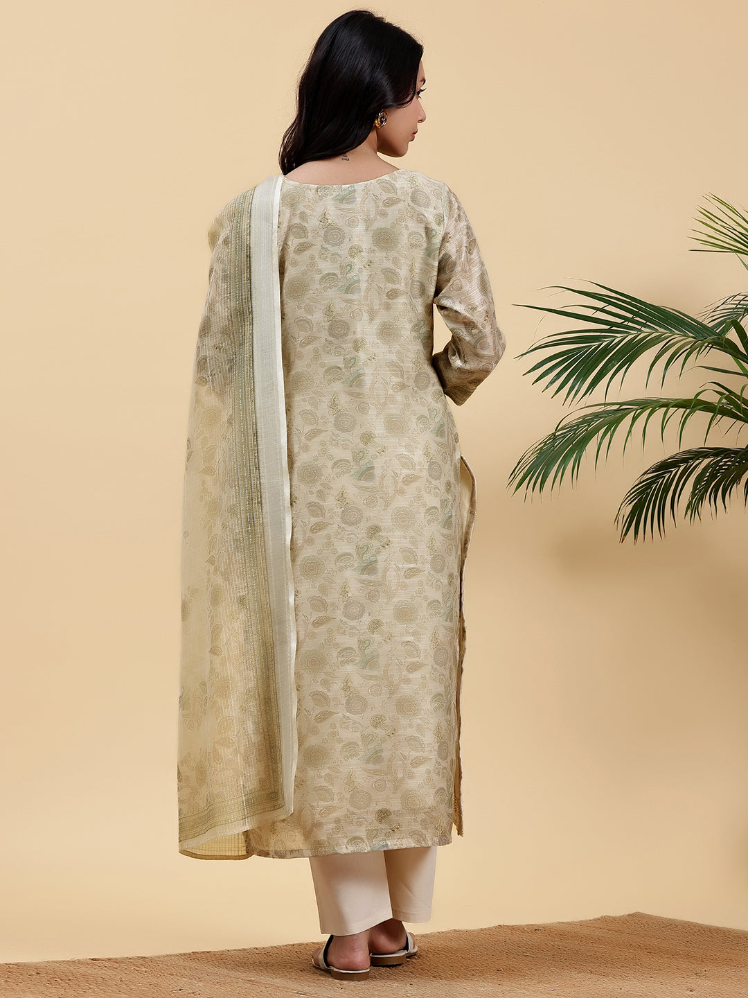 Beige Printed Chanderi Silk Straight Suit With Dupatta