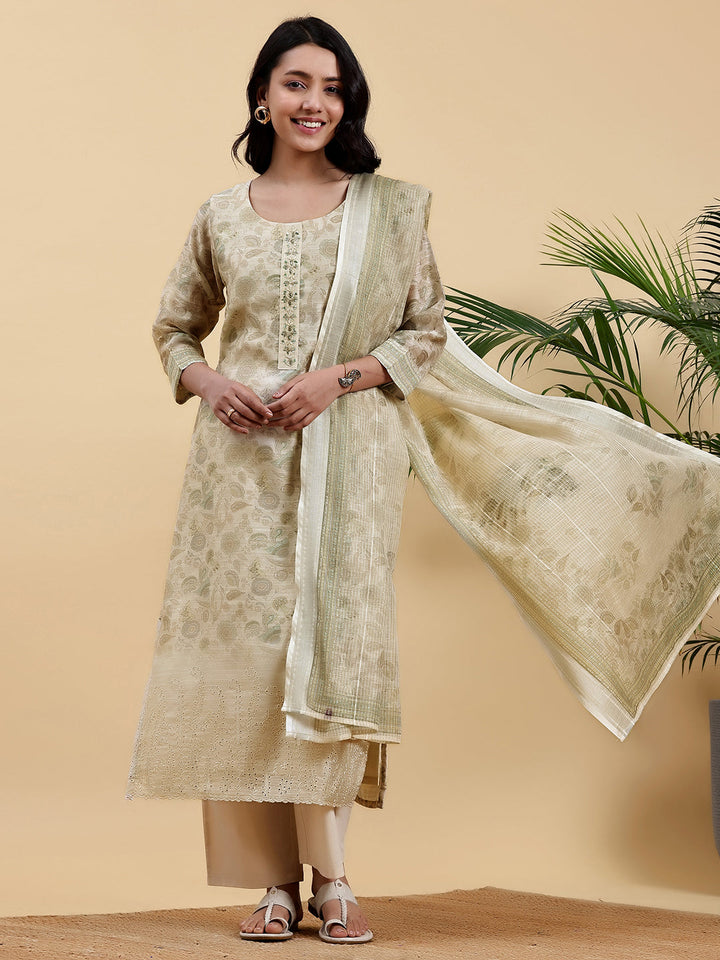 Beige Printed Chanderi Silk Straight Suit With Dupatta