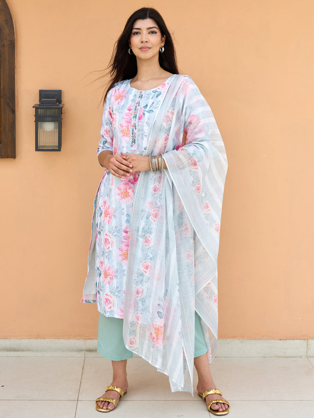 Grey Printed Cotton Blend Straight Suit With Dupatta