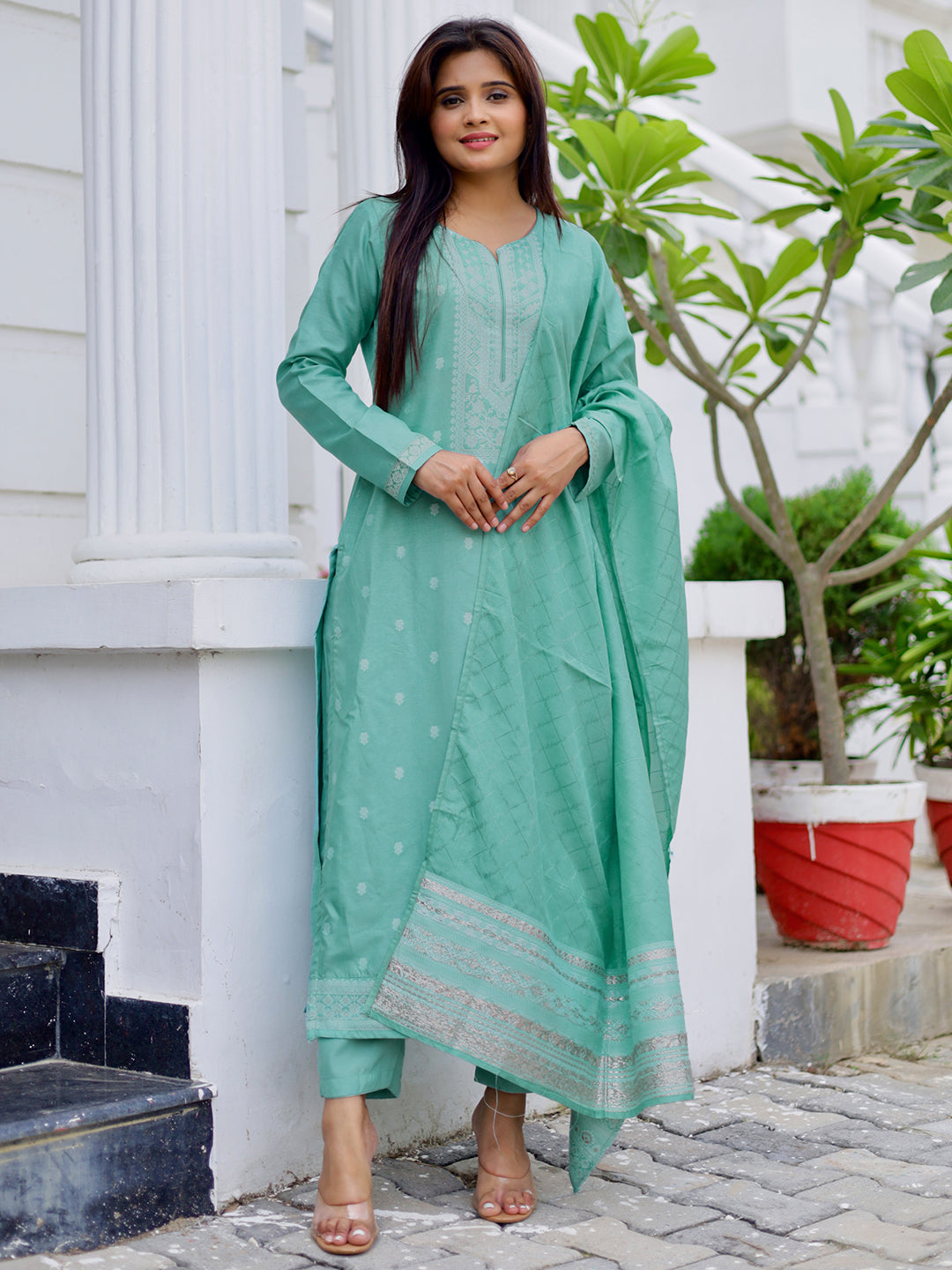 Green Woven Design Silk Blend Straight Suit With Dupatta