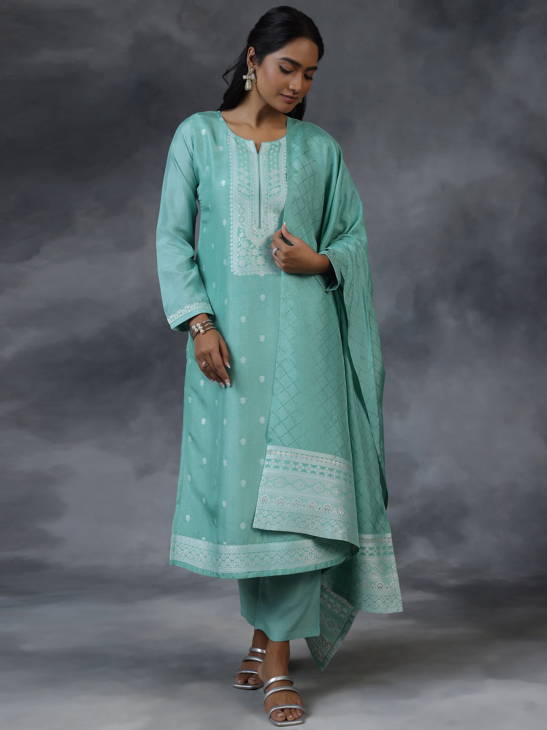 Green Woven Design Silk Blend Straight Suit With Dupatta