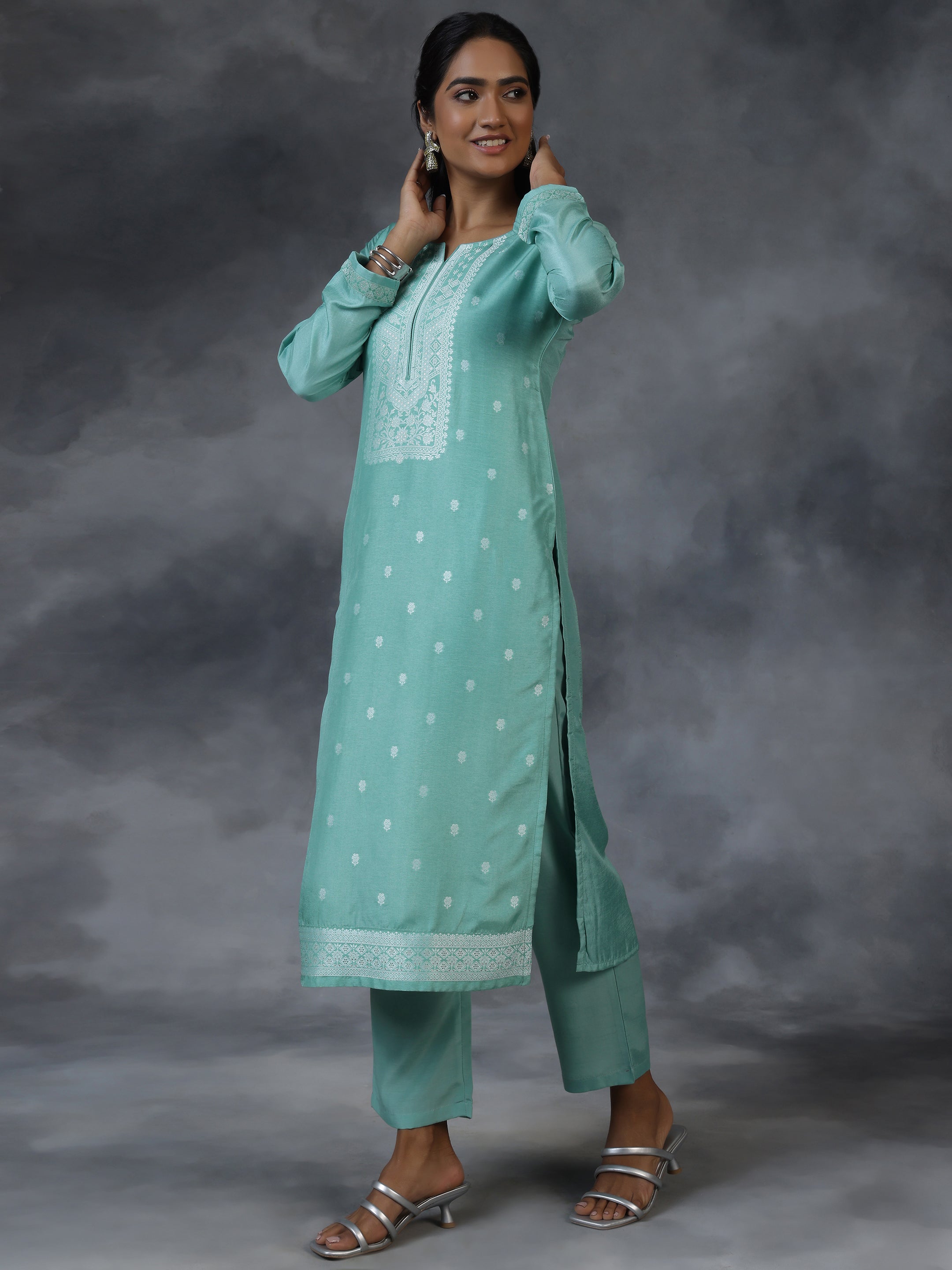 Green Woven Design Silk Blend Straight Suit With Dupatta