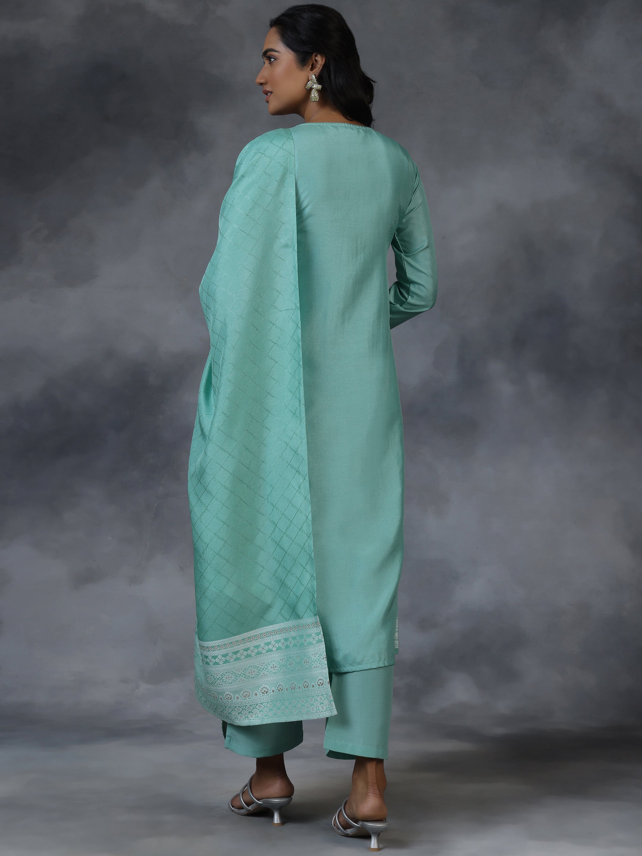 Green Woven Design Silk Blend Straight Suit With Dupatta