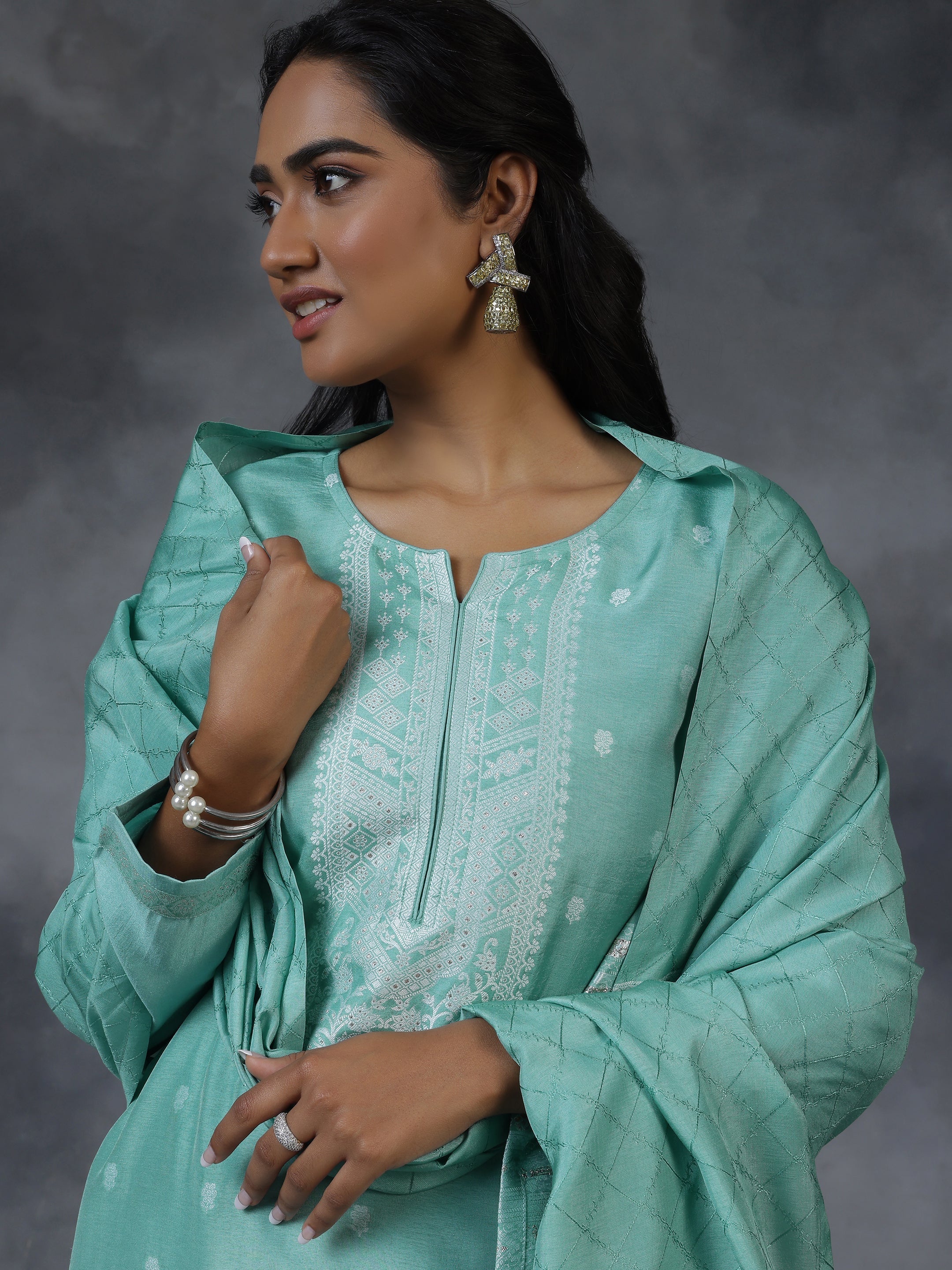 Green Woven Design Silk Blend Straight Suit With Dupatta