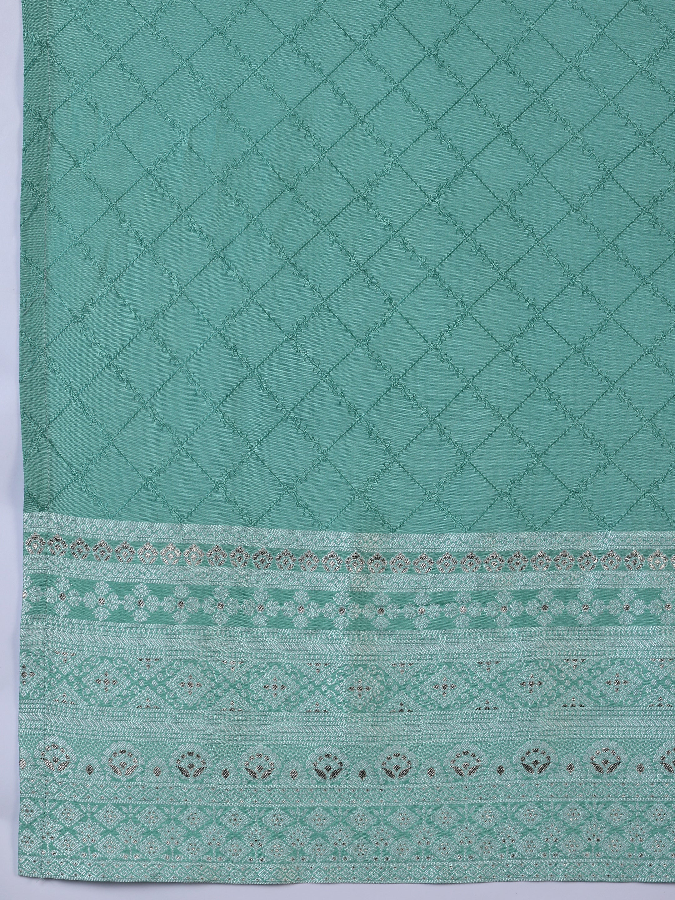 Green Woven Design Silk Blend Straight Suit With Dupatta