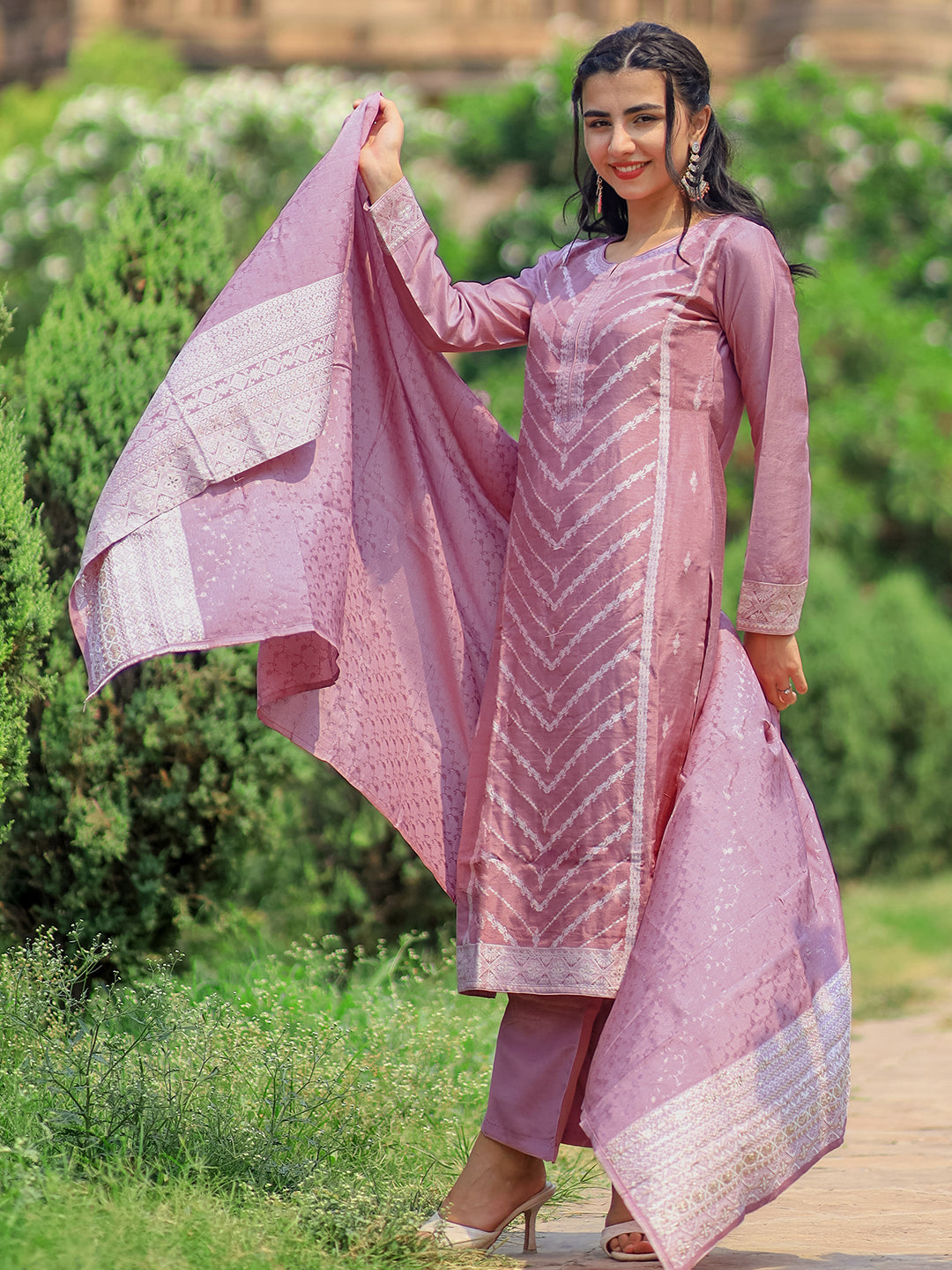 Lilac Woven Design Silk Blend Straight Suit With Dupatta