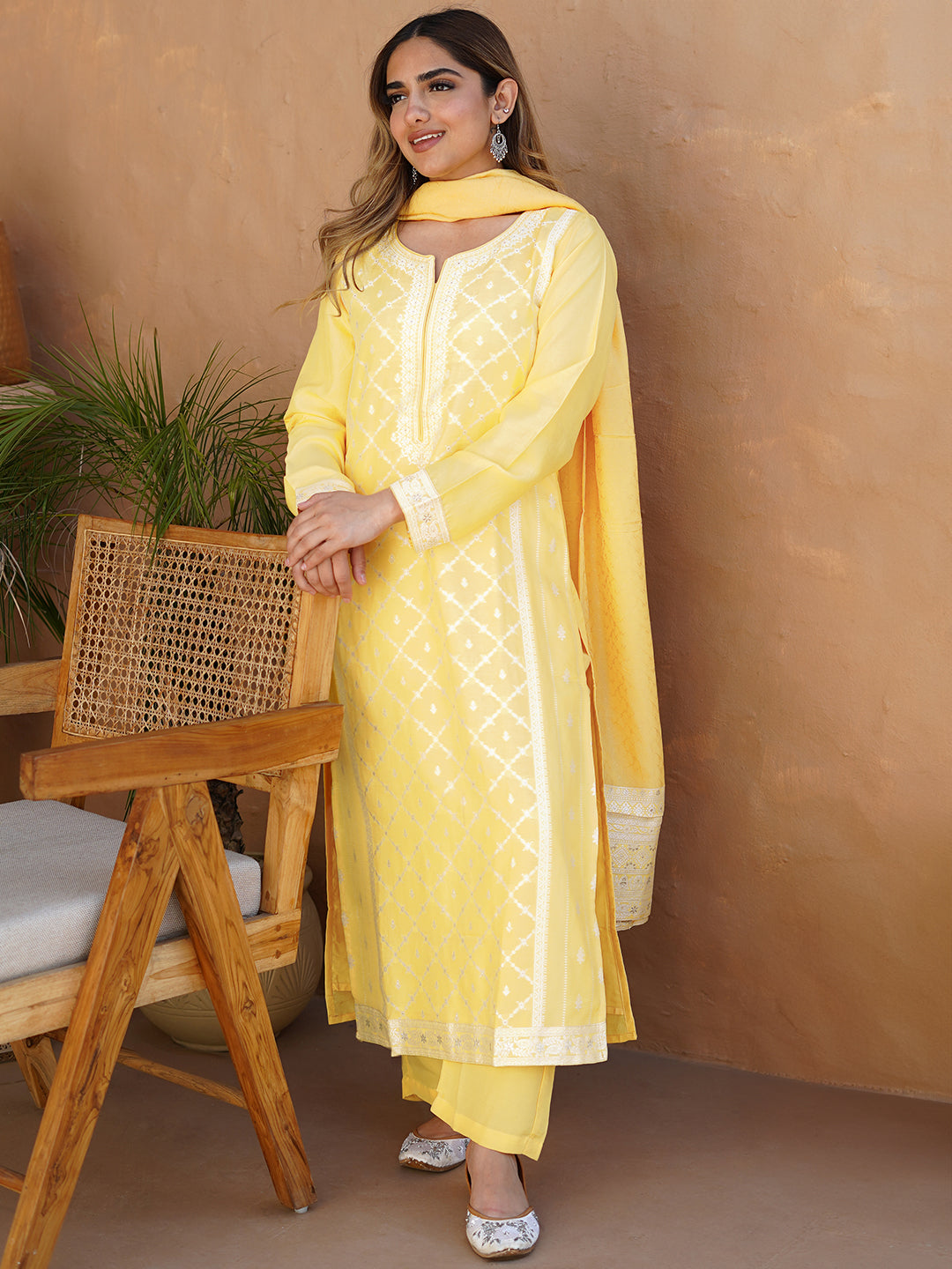 Yellow Woven Design Silk Blend Straight Suit With Dupatta