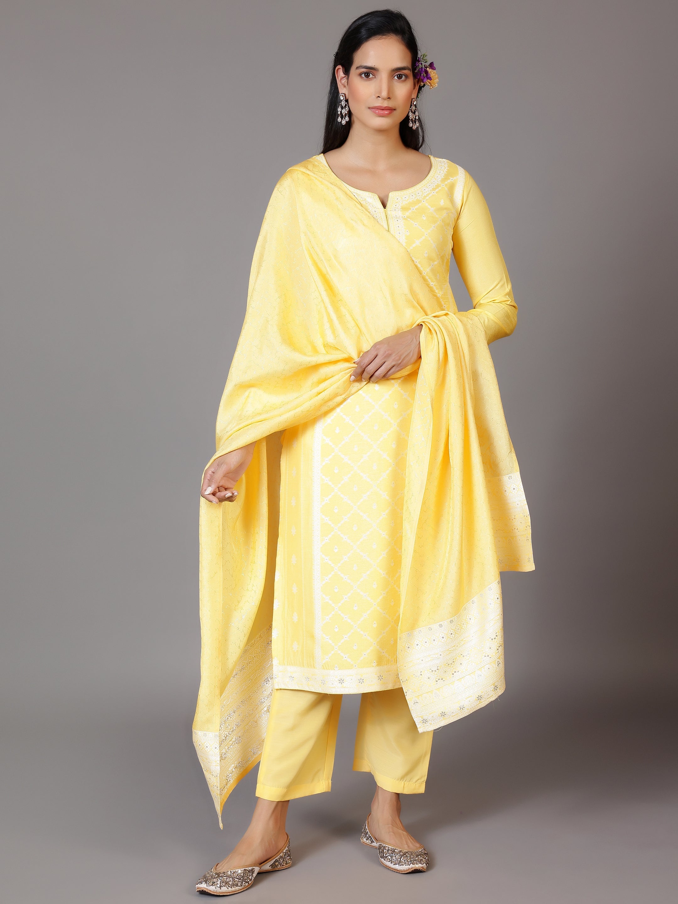 Yellow Woven Design Silk Blend Straight Suit With Dupatta