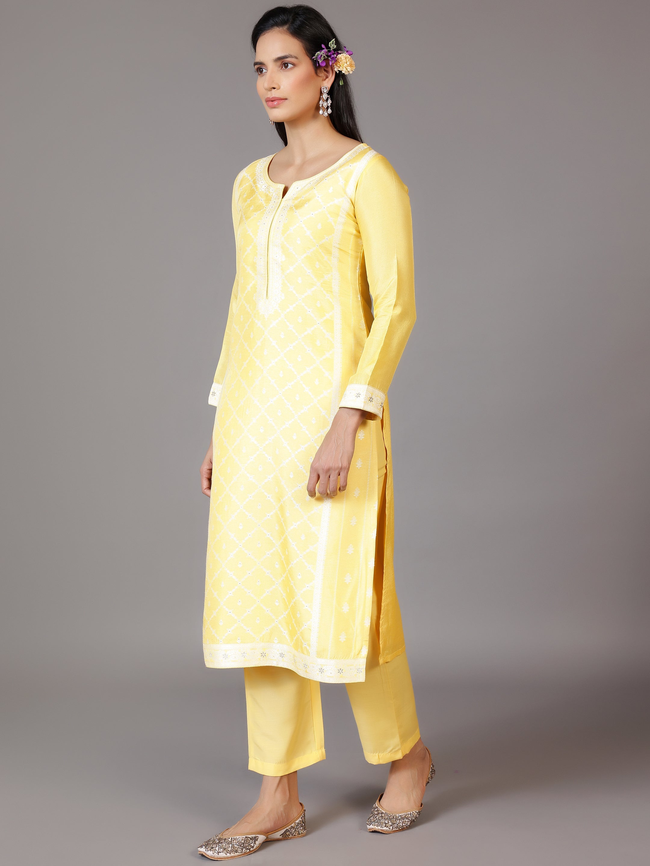 Yellow Woven Design Silk Blend Straight Suit With Dupatta