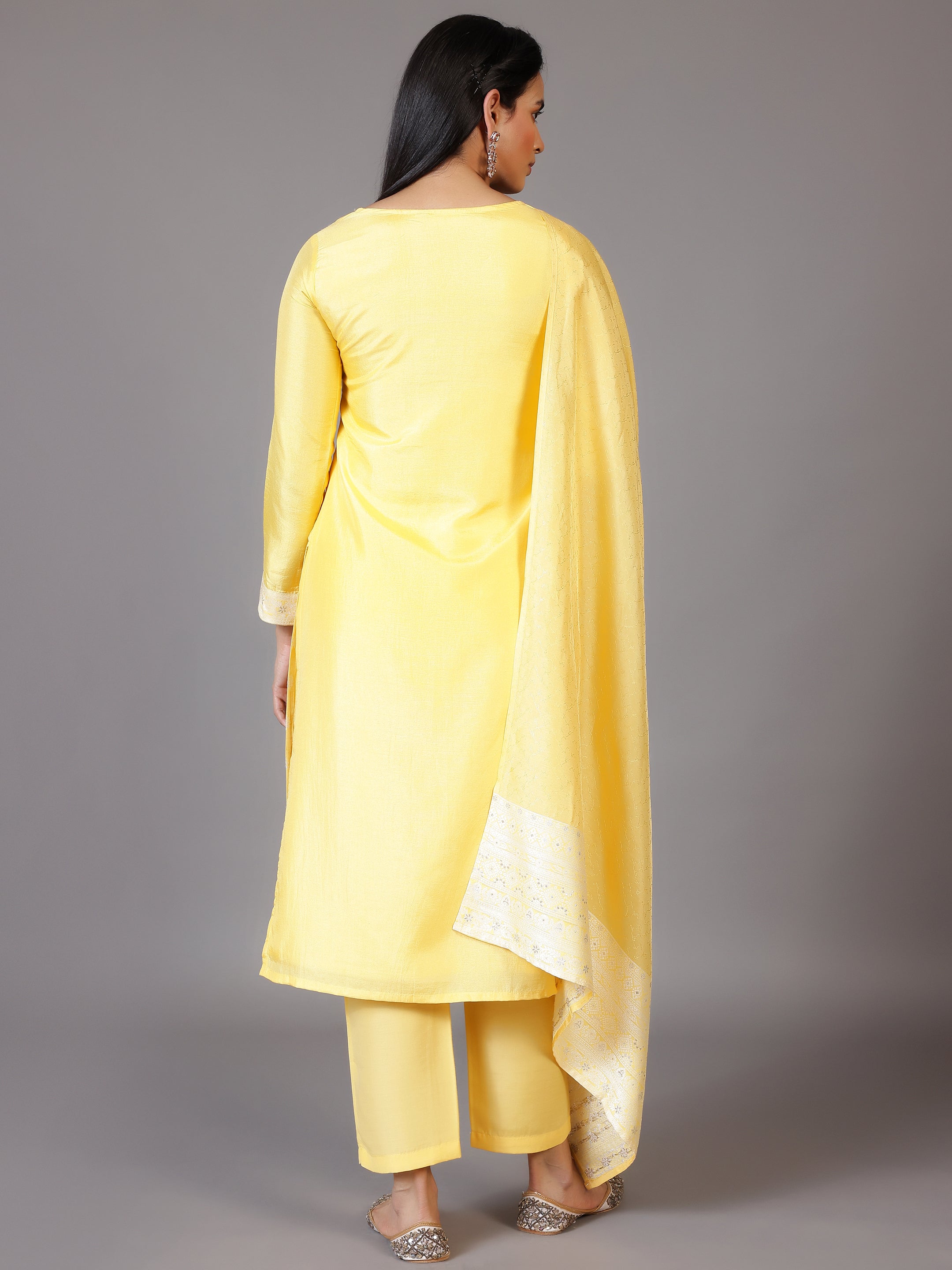 Yellow Woven Design Silk Blend Straight Suit With Dupatta