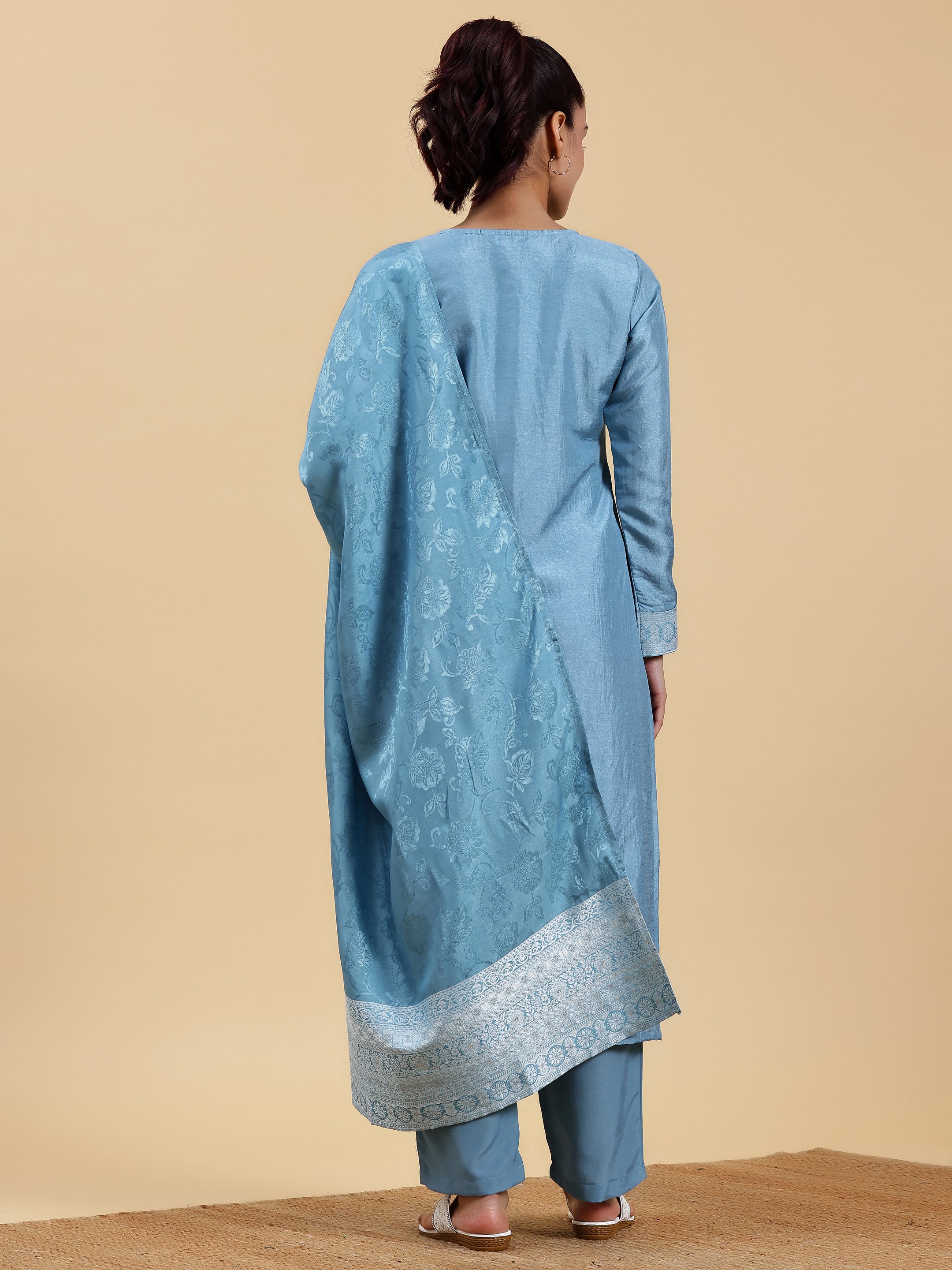 Blue Woven Design Silk Blend Straight Suit With Dupatta