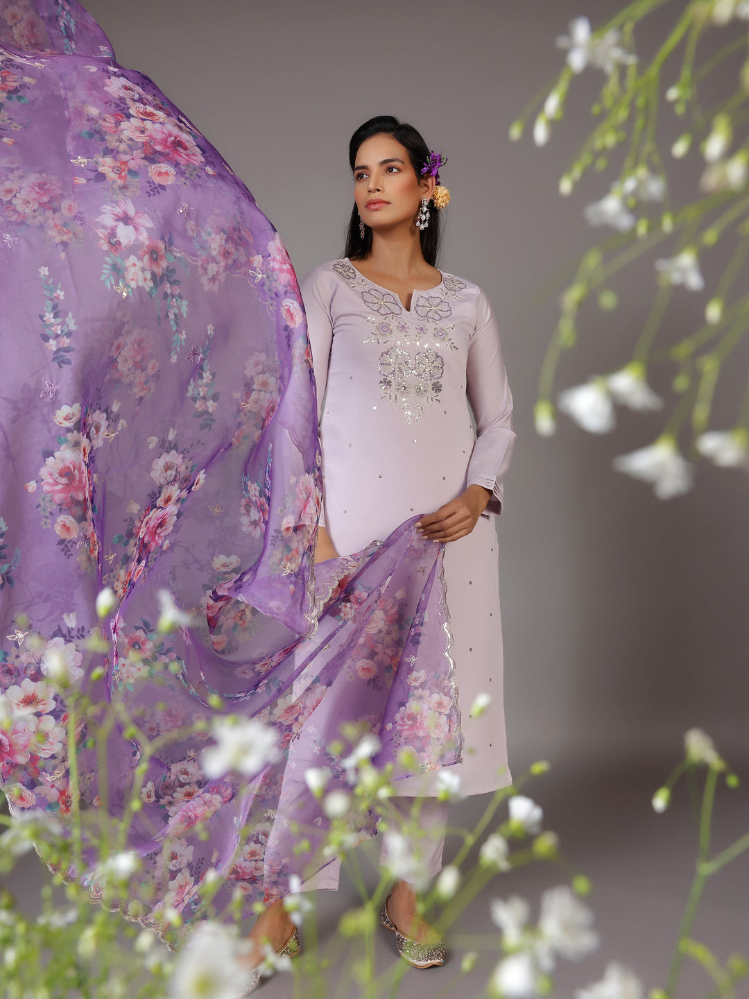 Lilac Embellished Silk Blend Straight Suit With Dupatta