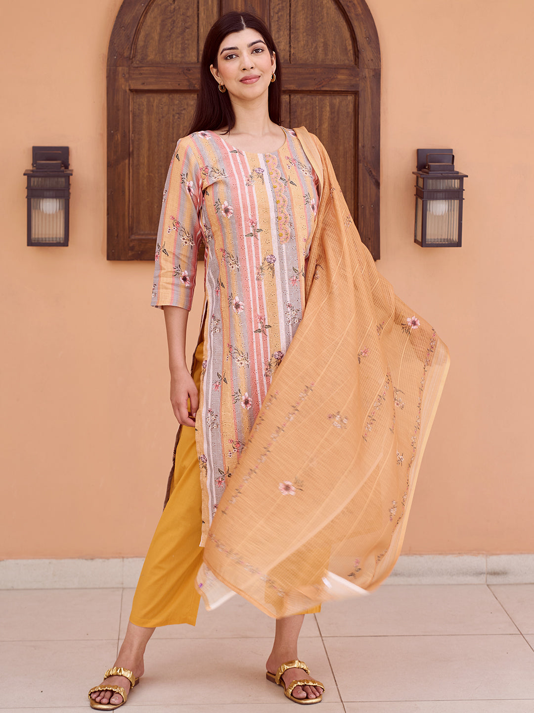 Mustard Striped Cotton Straight Suit With Dupatta