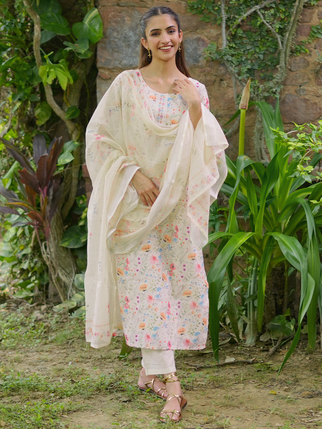 Cream Printed Cotton Straight Suit With Dupatta