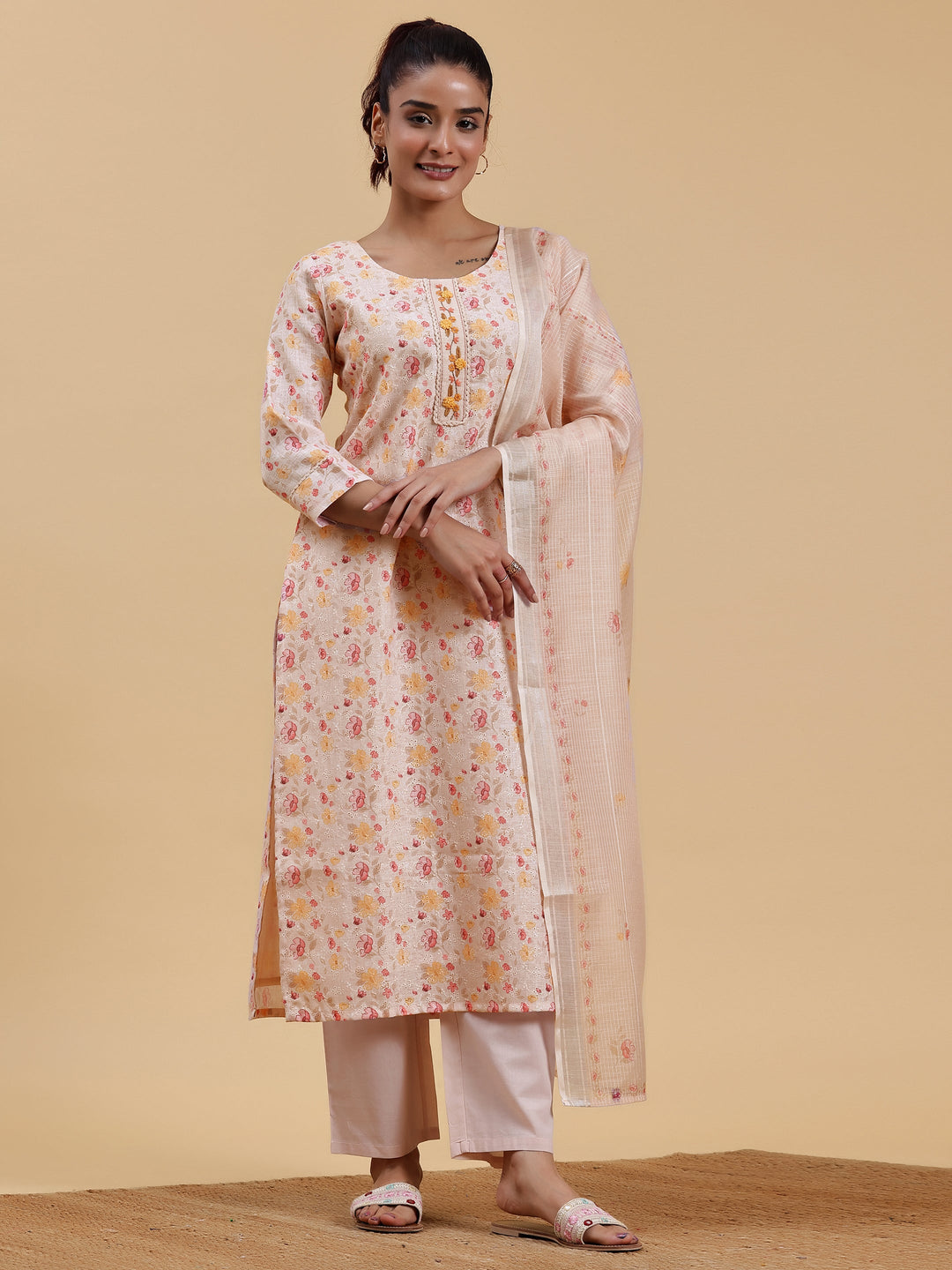 Peach Printed Cotton Straight Suit With Dupatta