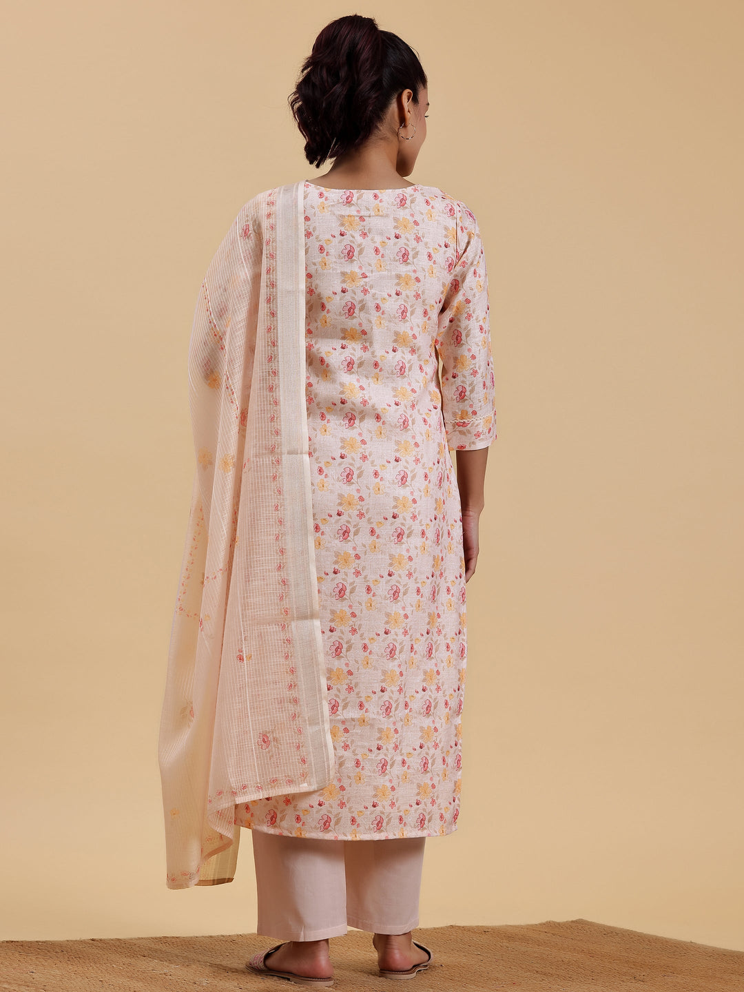 Peach Printed Cotton Straight Suit With Dupatta