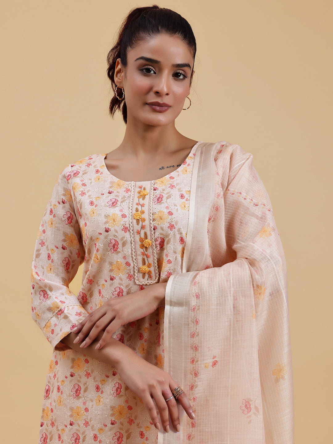 Peach Printed Cotton Straight Suit With Dupatta